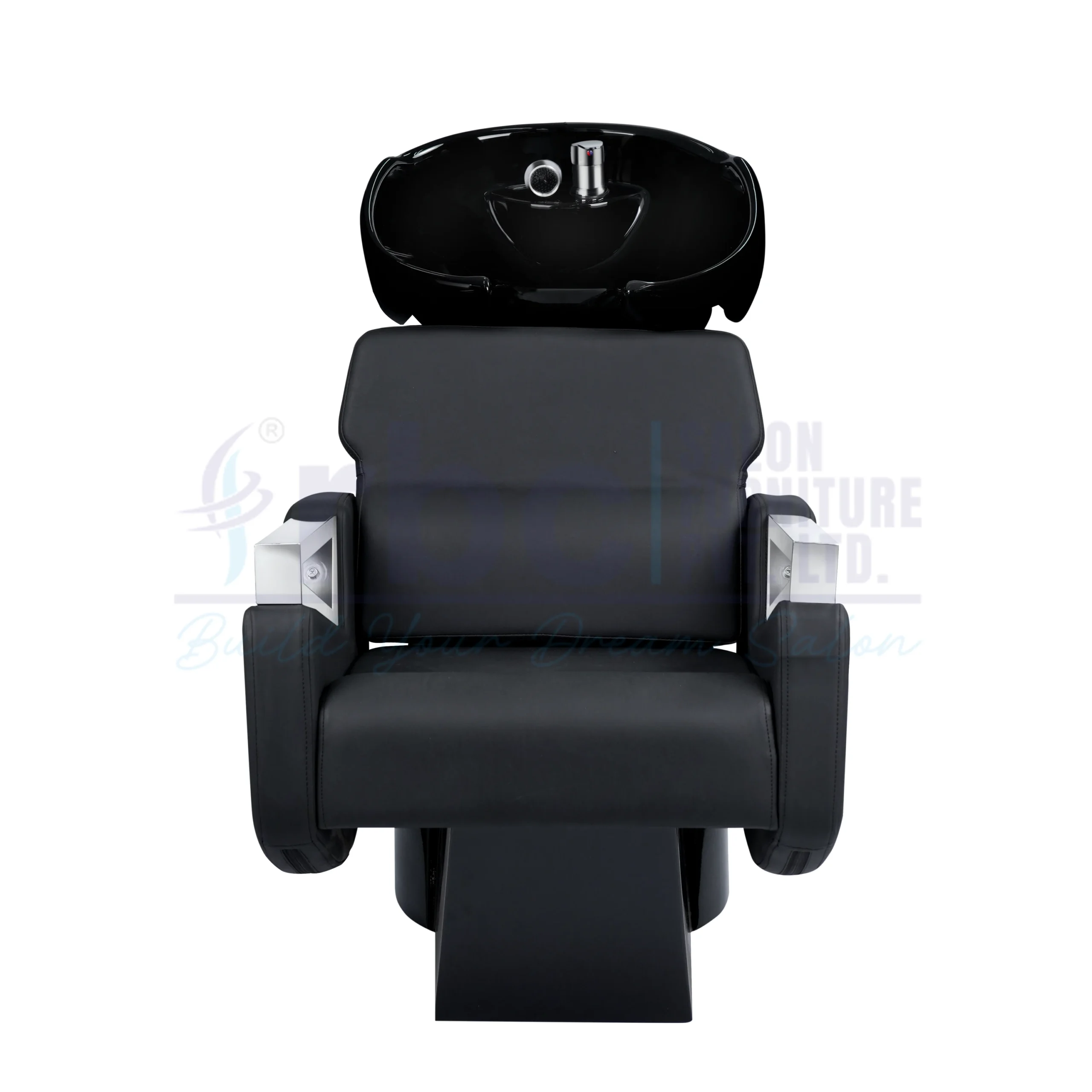 RBC 310 Black Salon Shampoo Station with Triangular Chrome Armrests and Deep Black Ceramic Basin