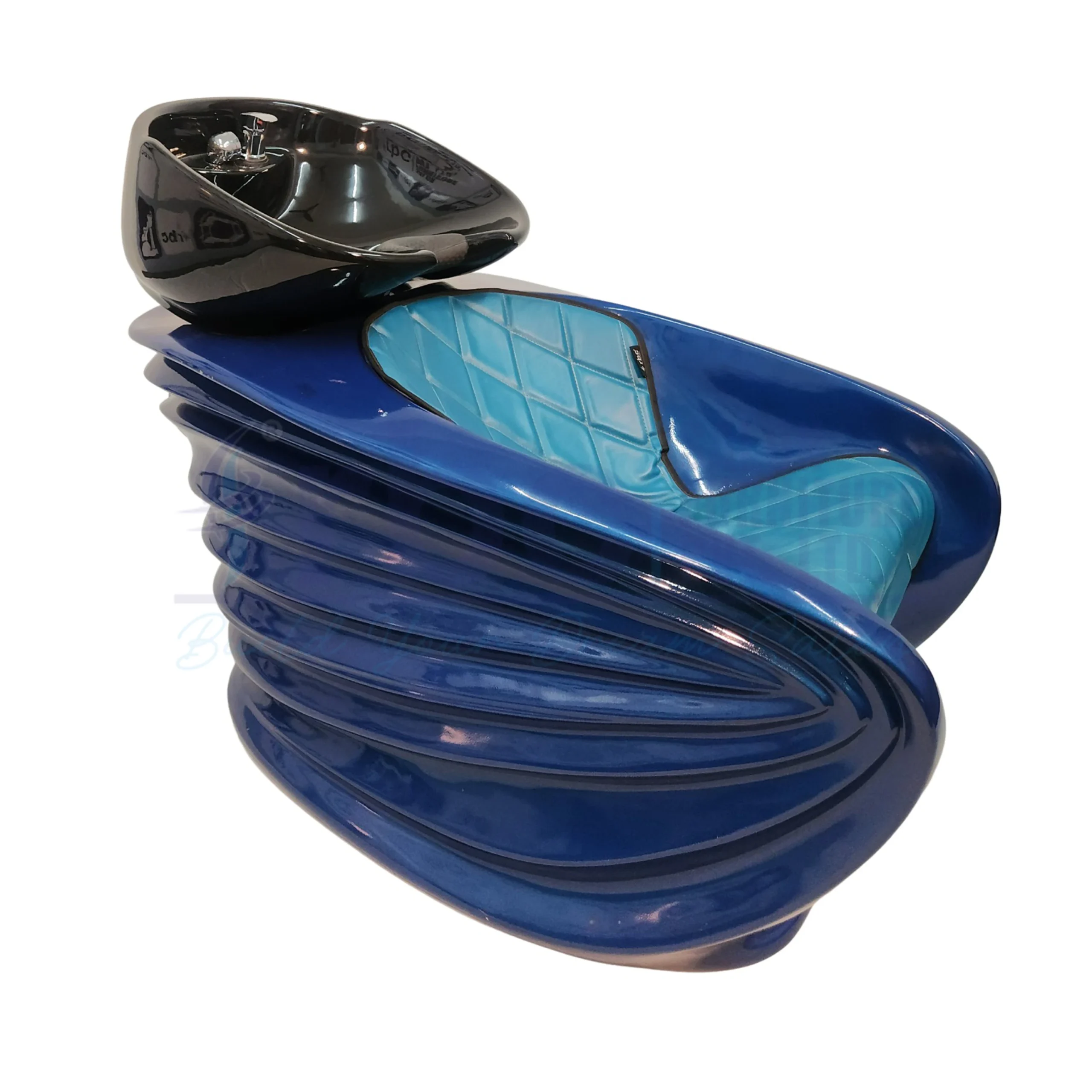 RBC 324 Metallic Blue Wave Design Salon Shampoo Station with Cyan Quilted Seat and Black Ceramic Basin