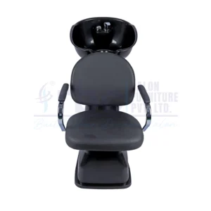 RBC 325 Compact Black Salon Shampoo Station with Chrome Armrests and Deep Black Ceramic Basin