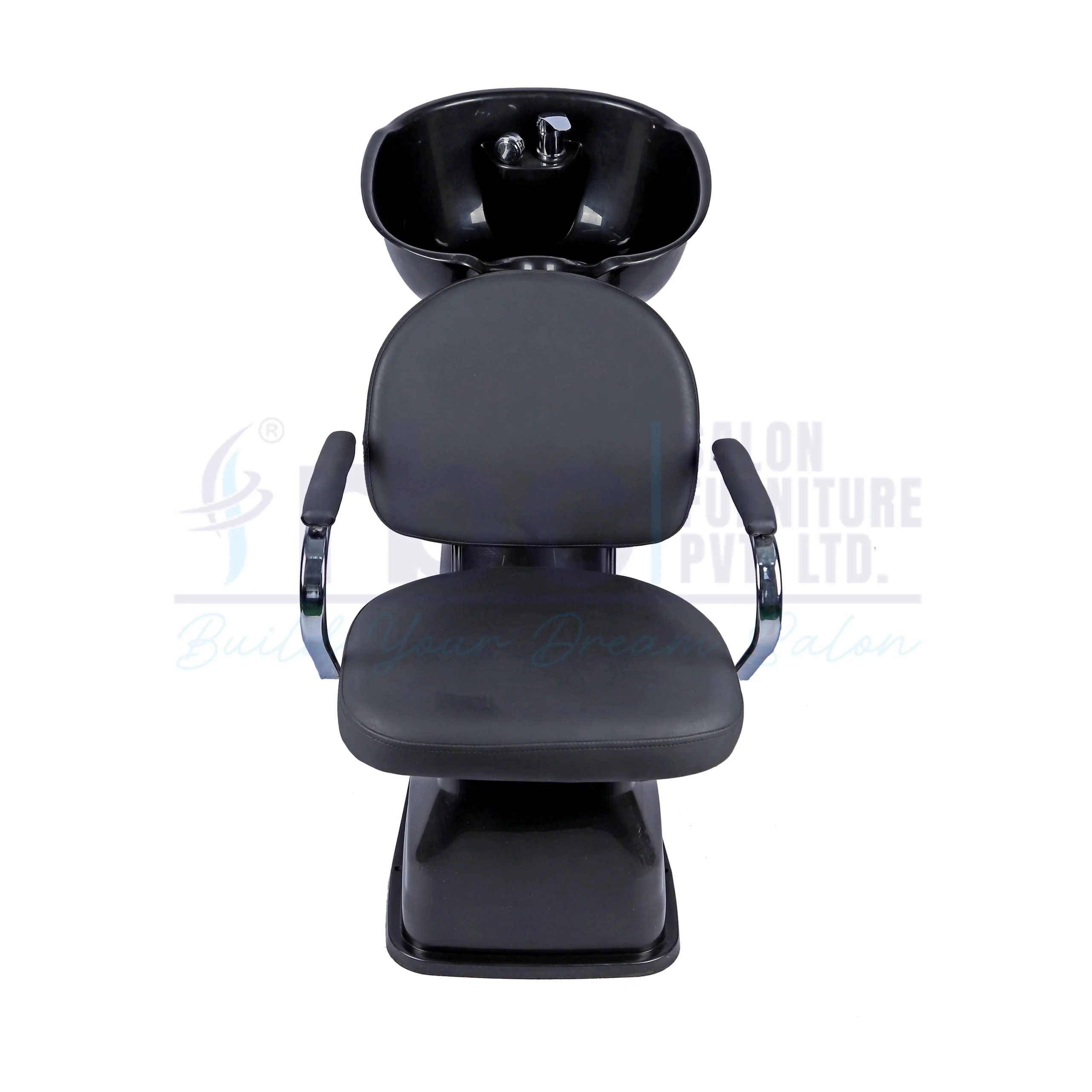 RBC 325 Compact Black Salon Shampoo Station with Chrome Armrests and Deep Black Ceramic Basin