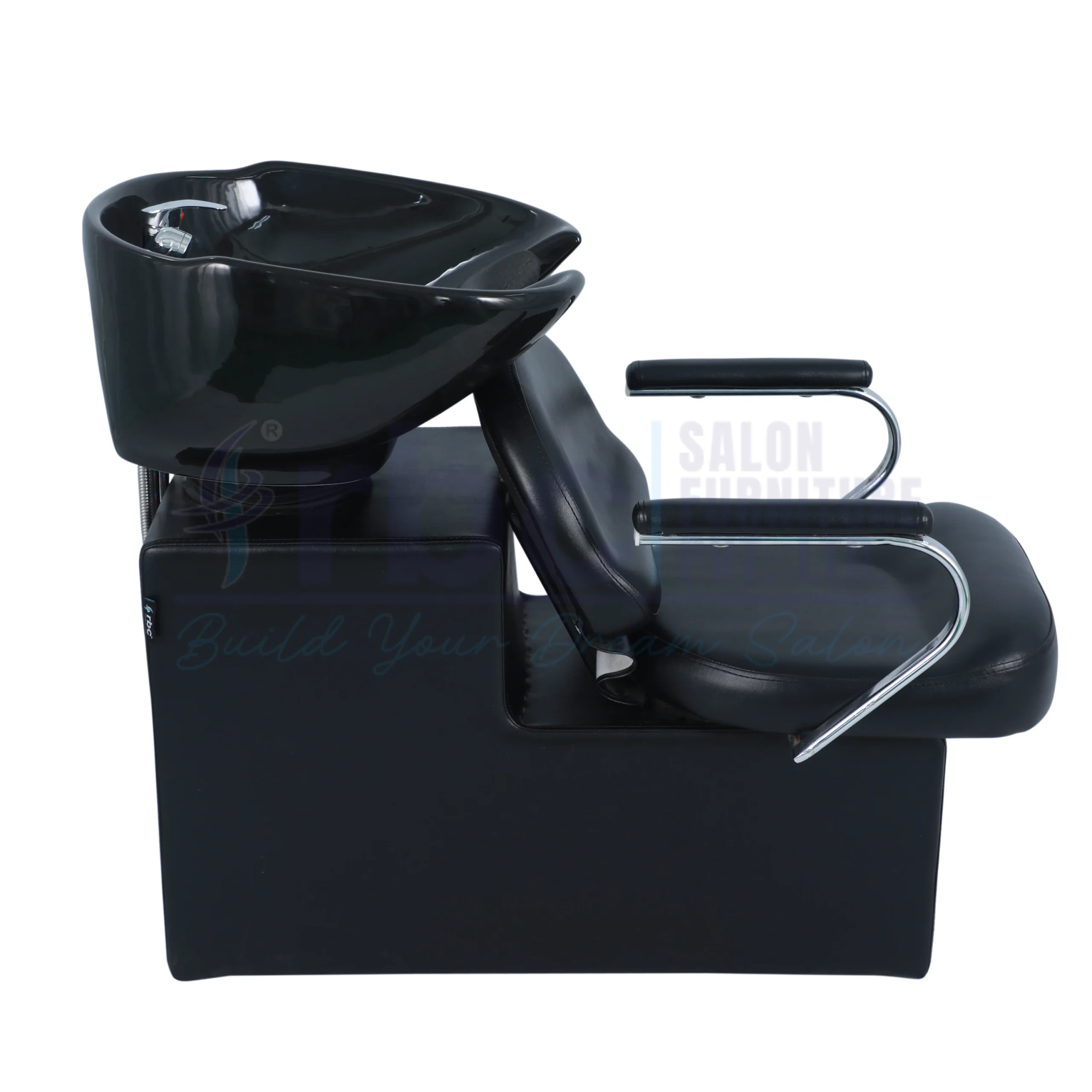 RBC 331 Black Salon Shampoo Station Chair with Chrome Armrests and Deep Black Ceramic Basin