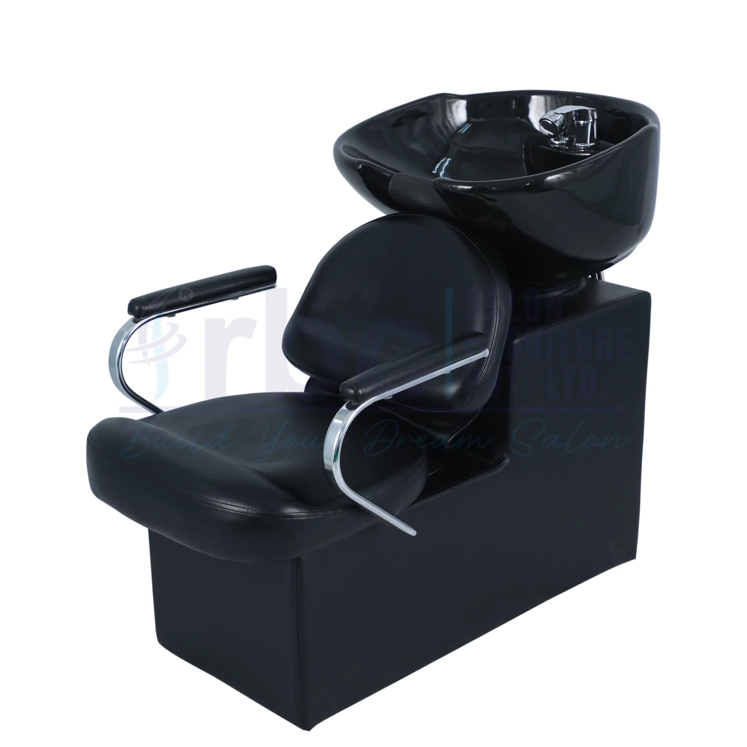 RBC 331 Black Salon Shampoo Station Chair with Chrome Armrests and Deep Black Ceramic Basin