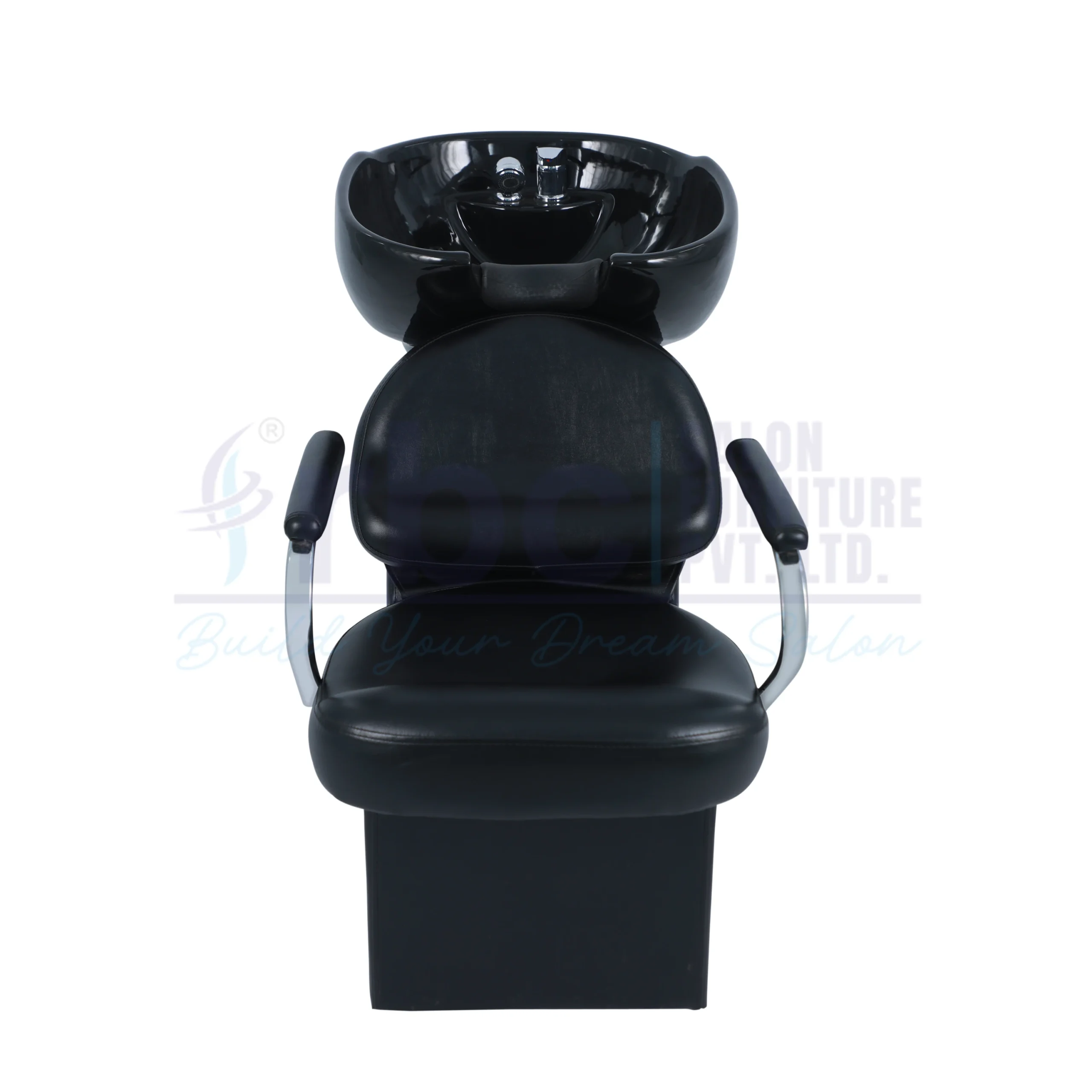 RBC 331 Black Salon Shampoo Station Chair with Chrome Armrests and Deep Black Ceramic Basin