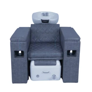 RBC 342 Distressed Grey 3-in-1 Salon Station featuring Ceramic Shampoo Basin, Foldable Manicure Tables, Pedicure Foot Tub and Matching Stool