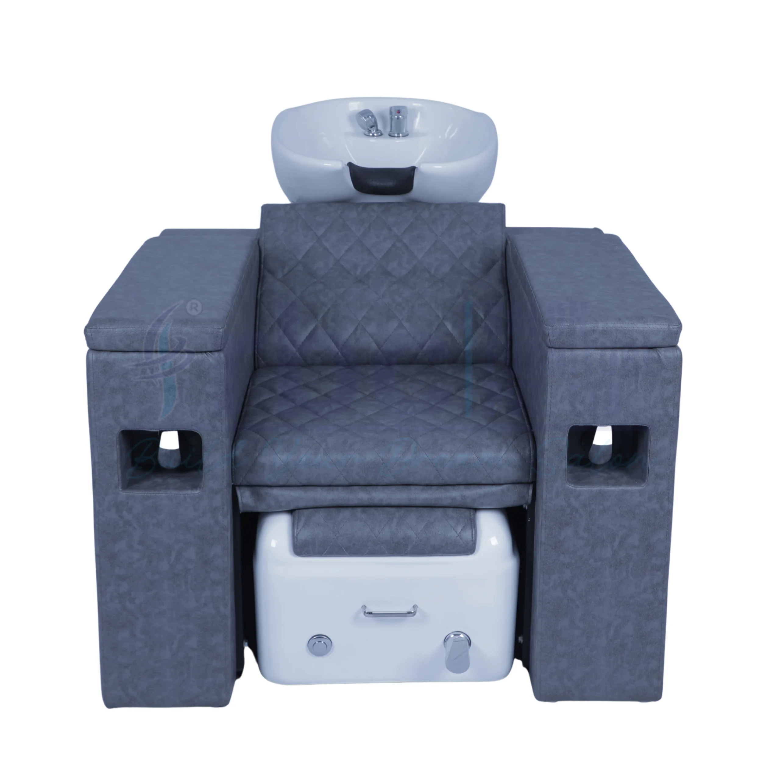RBC 342 Distressed Grey 3-in-1 Salon Station featuring Ceramic Shampoo Basin, Foldable Manicure Tables, Pedicure Foot Tub and Matching Stool