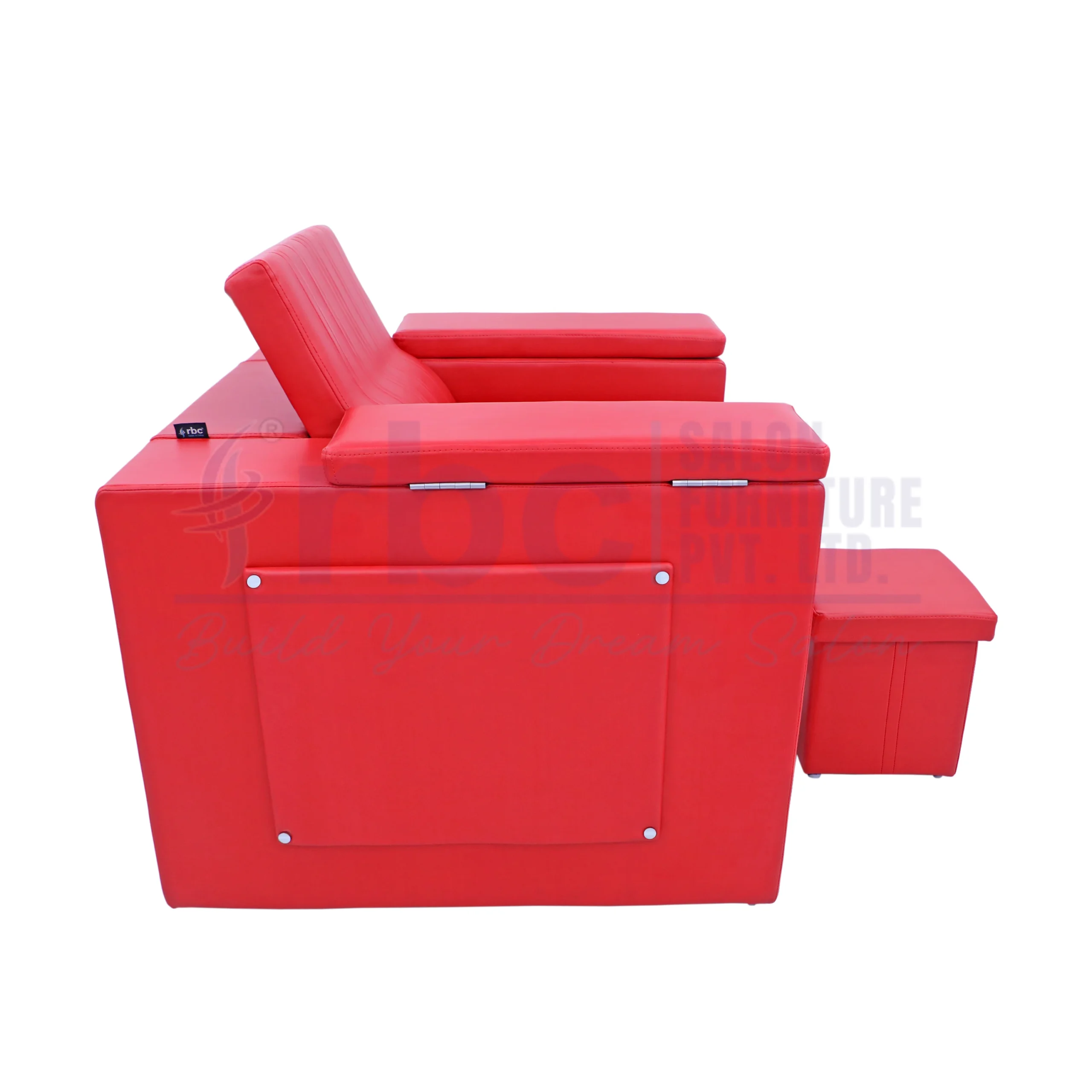 RBC 343 Vibrant Red Reclining Pedicure Chair with Foldable White Manicure Tables, Acrylic Foot Tub and Matching Stool