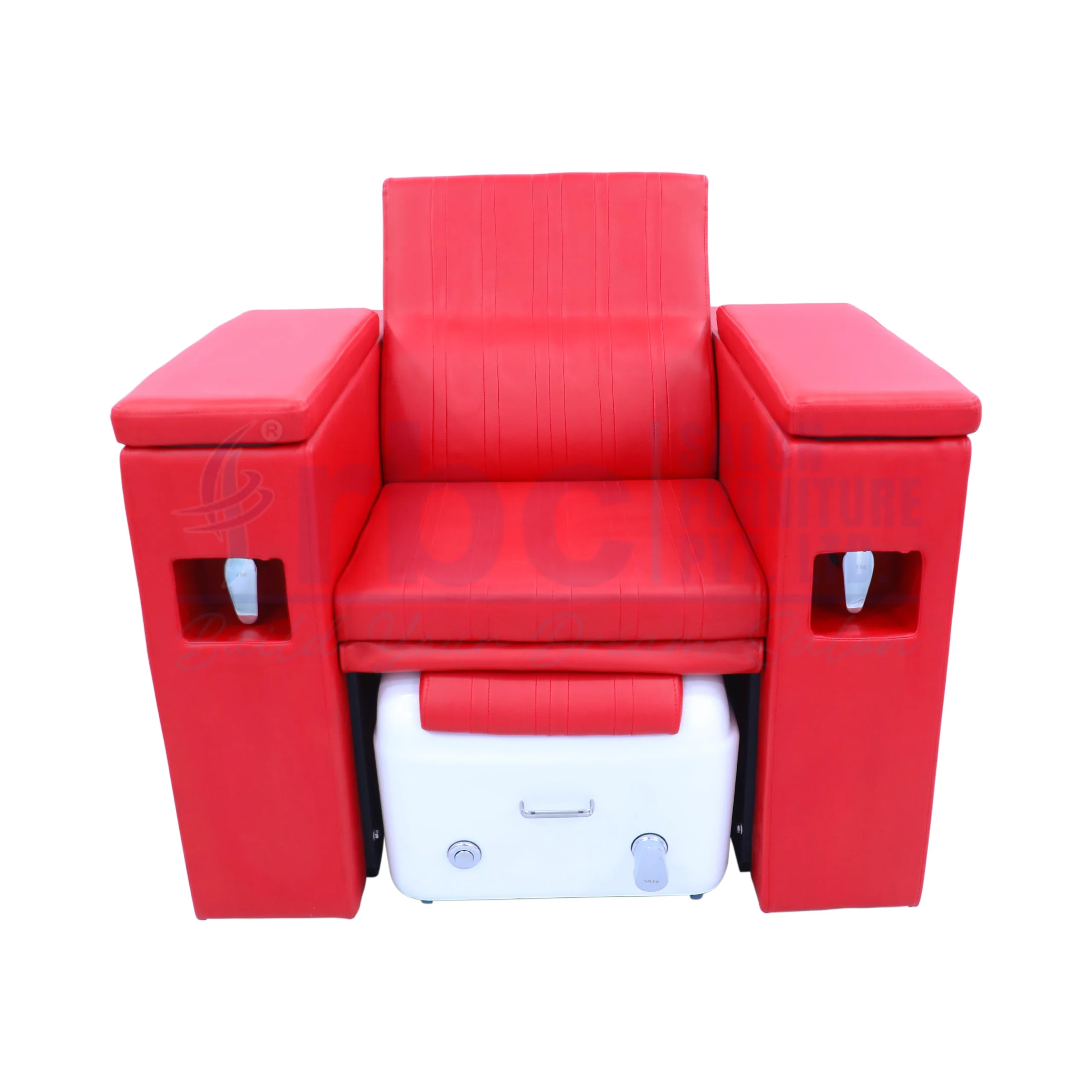 RBC 343 Vibrant Red Reclining Pedicure Chair with Foldable White Manicure Tables, Acrylic Foot Tub and Matching Stool