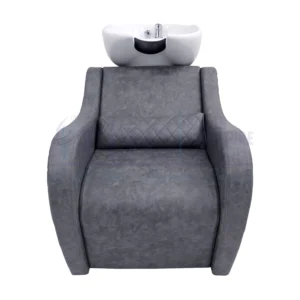 RBC 348 Distressed Grey Quilted Salon Shampoo Station with Lumbar Pillow and White Ceramic Basin