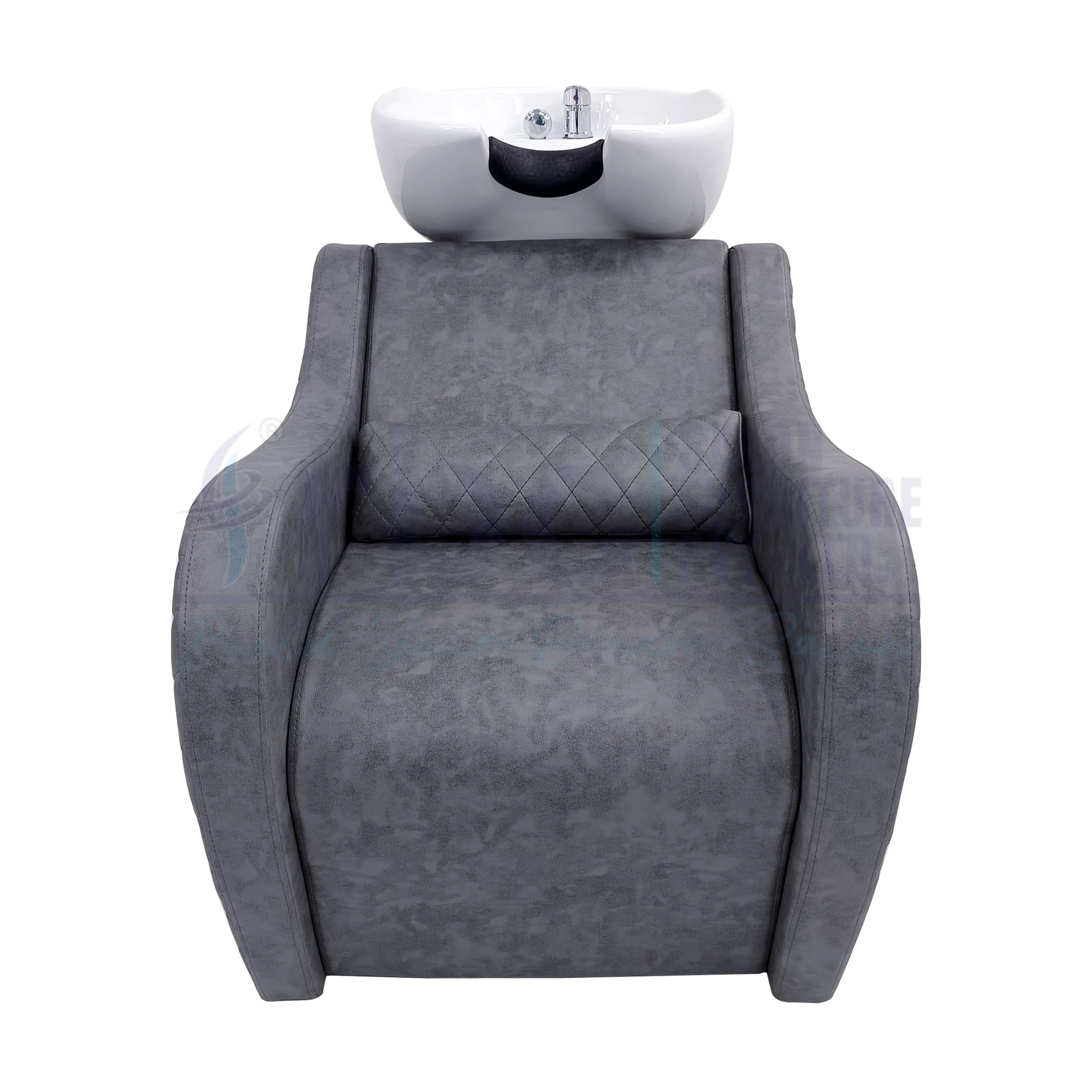 RBC 348 Distressed Grey Quilted Salon Shampoo Station with Lumbar Pillow and White Ceramic Basin