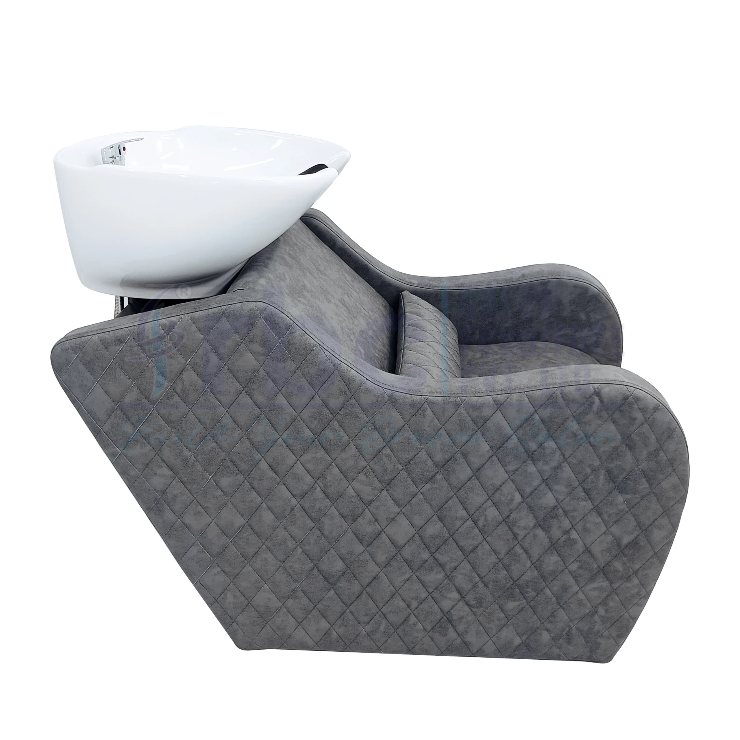 RBC 348 Distressed Grey Quilted Salon Shampoo Station with Lumbar Pillow and White Ceramic Basin