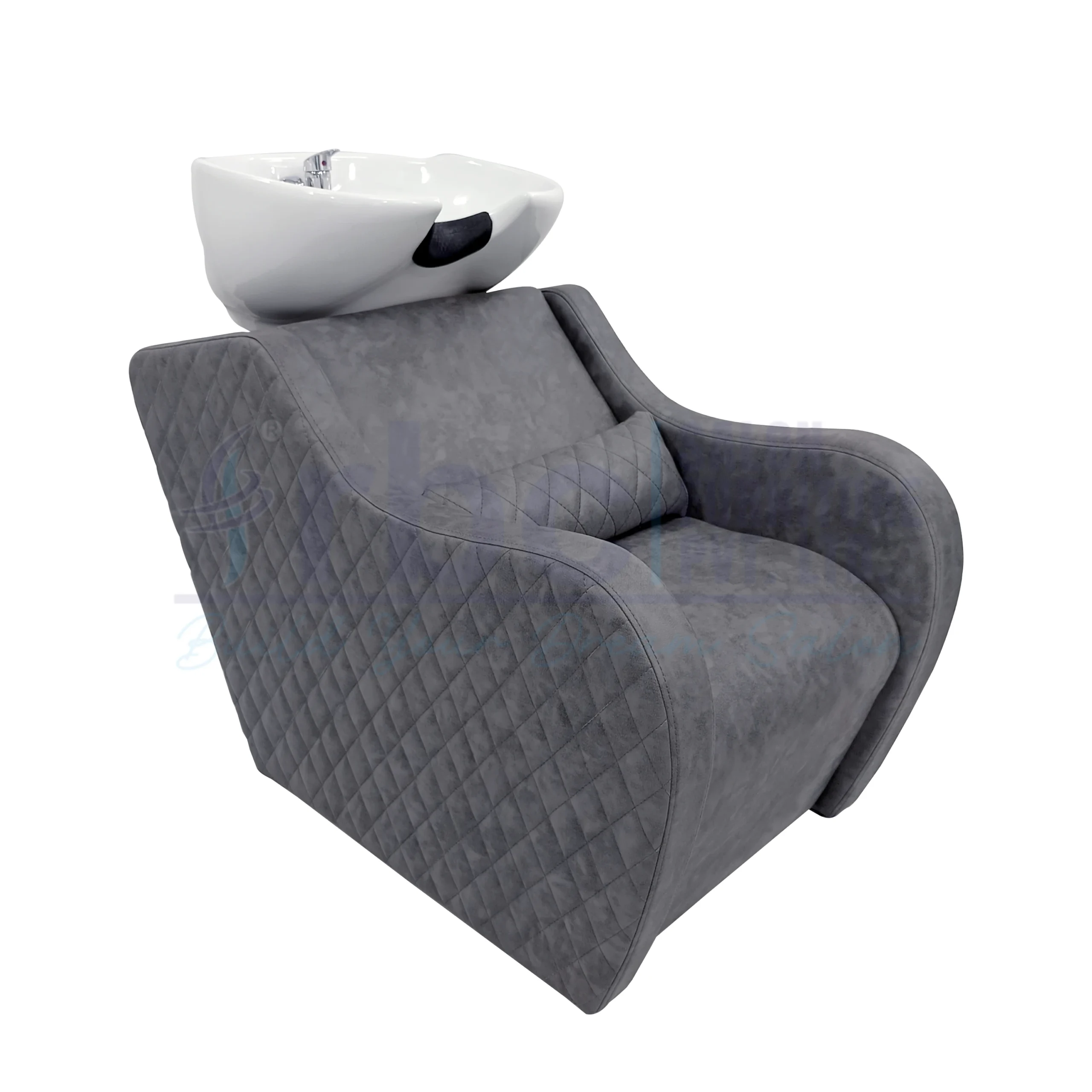 RBC 348 Distressed Grey Quilted Salon Shampoo Station with Lumbar Pillow and White Ceramic Basin