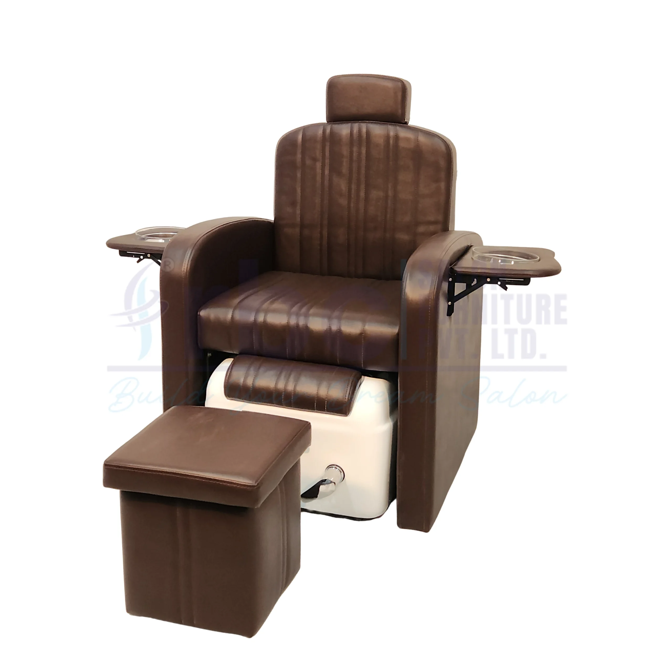 RBC 349 Dark Chocolate Brown Pedicure Chair with Foldable Manicure Bowls, White Foot Spa Tub and Matching Stool