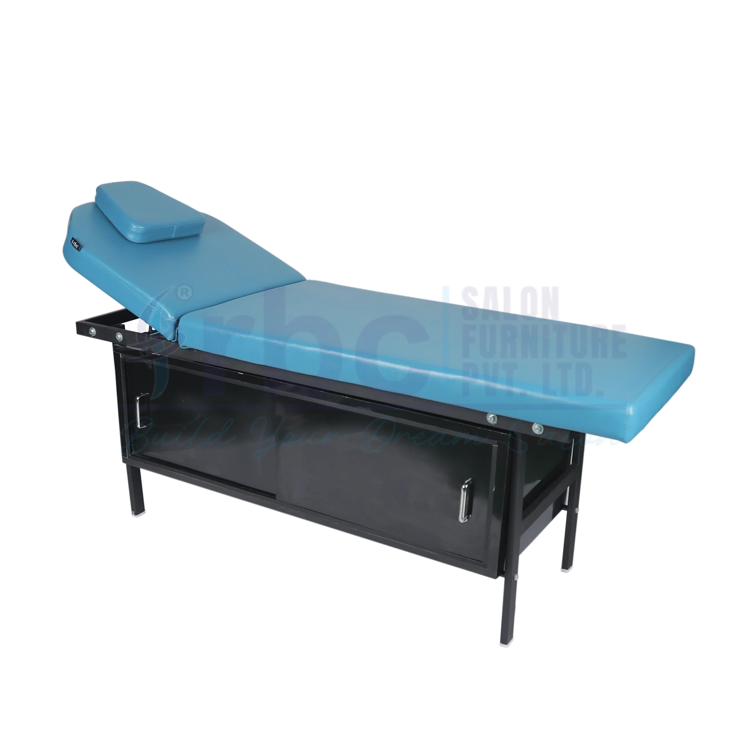 RBC 510 Blue Leatherette Metal Frame Spa Bed with Black Sliding Storage Cabinet Base and Raised Backrest