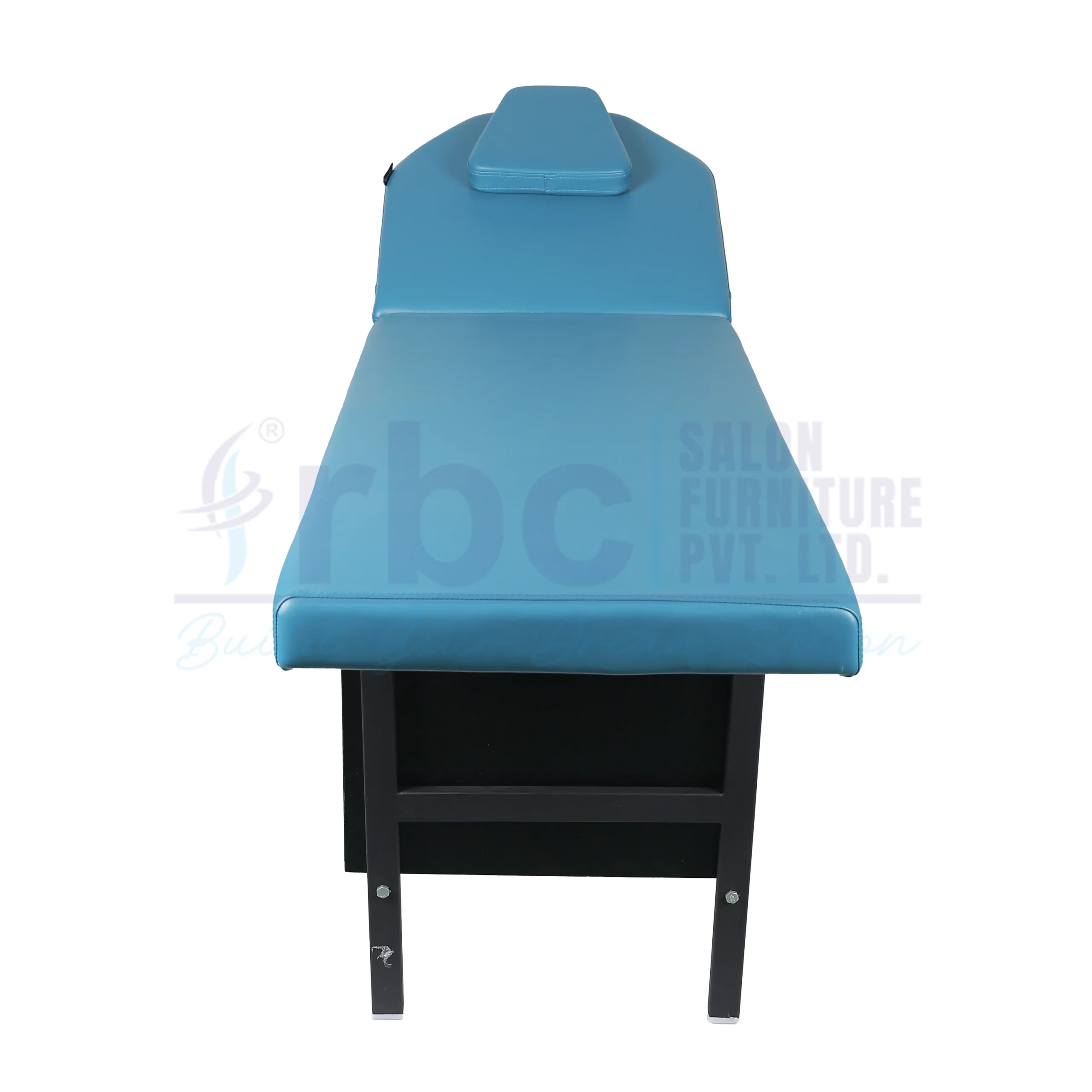 RBC 510 Blue Leatherette Metal Frame Spa Bed with Black Sliding Storage Cabinet Base and Raised Backrest