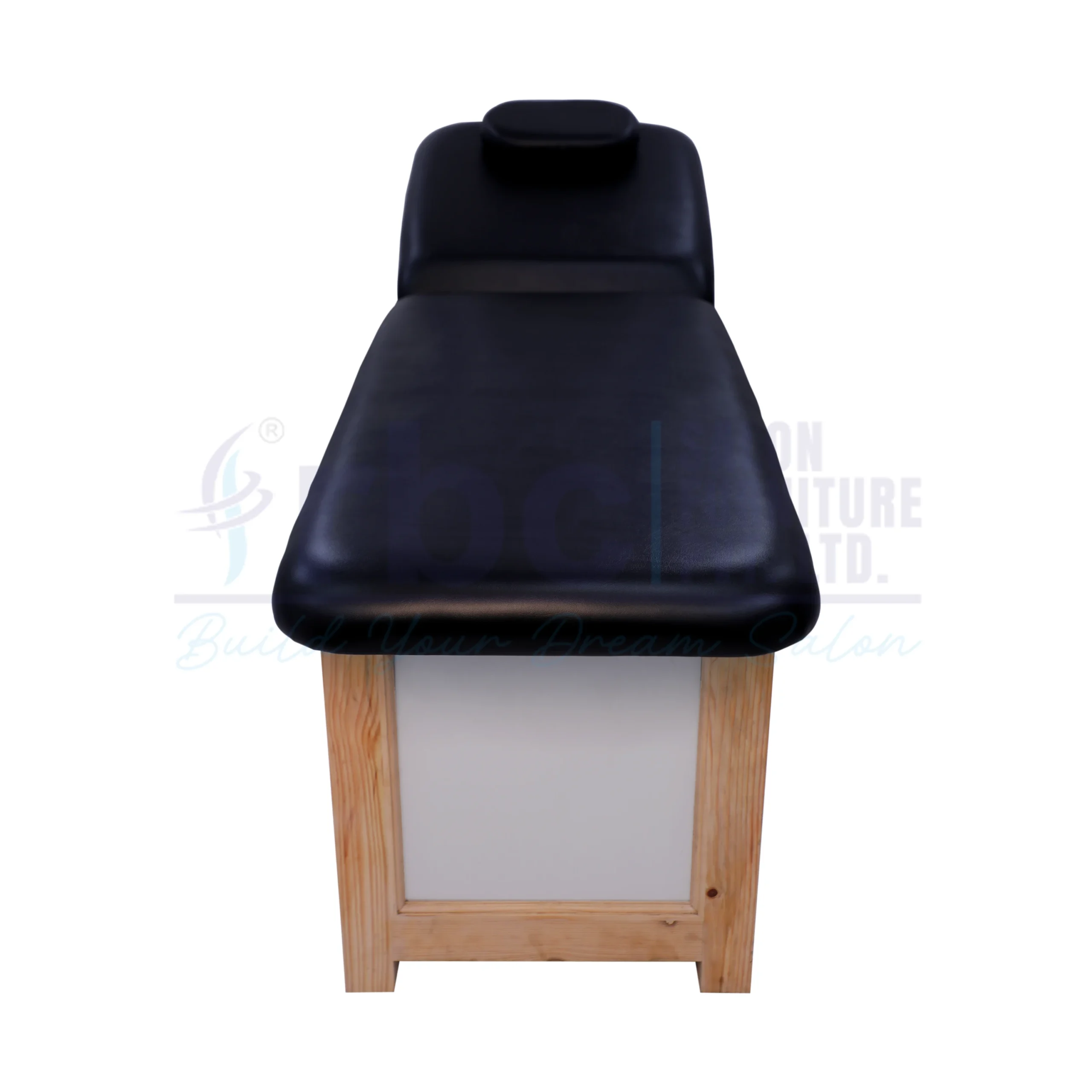 RBC 512 Black Leatherette Wooden Spa Massage Bed with White Sliding Storage Cabinet Base and Raised Backrest