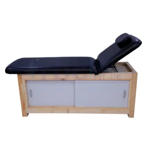RBC 512 Black Leatherette Wooden Spa Massage Bed with White Sliding Storage Cabinet Base and Raised Backrest