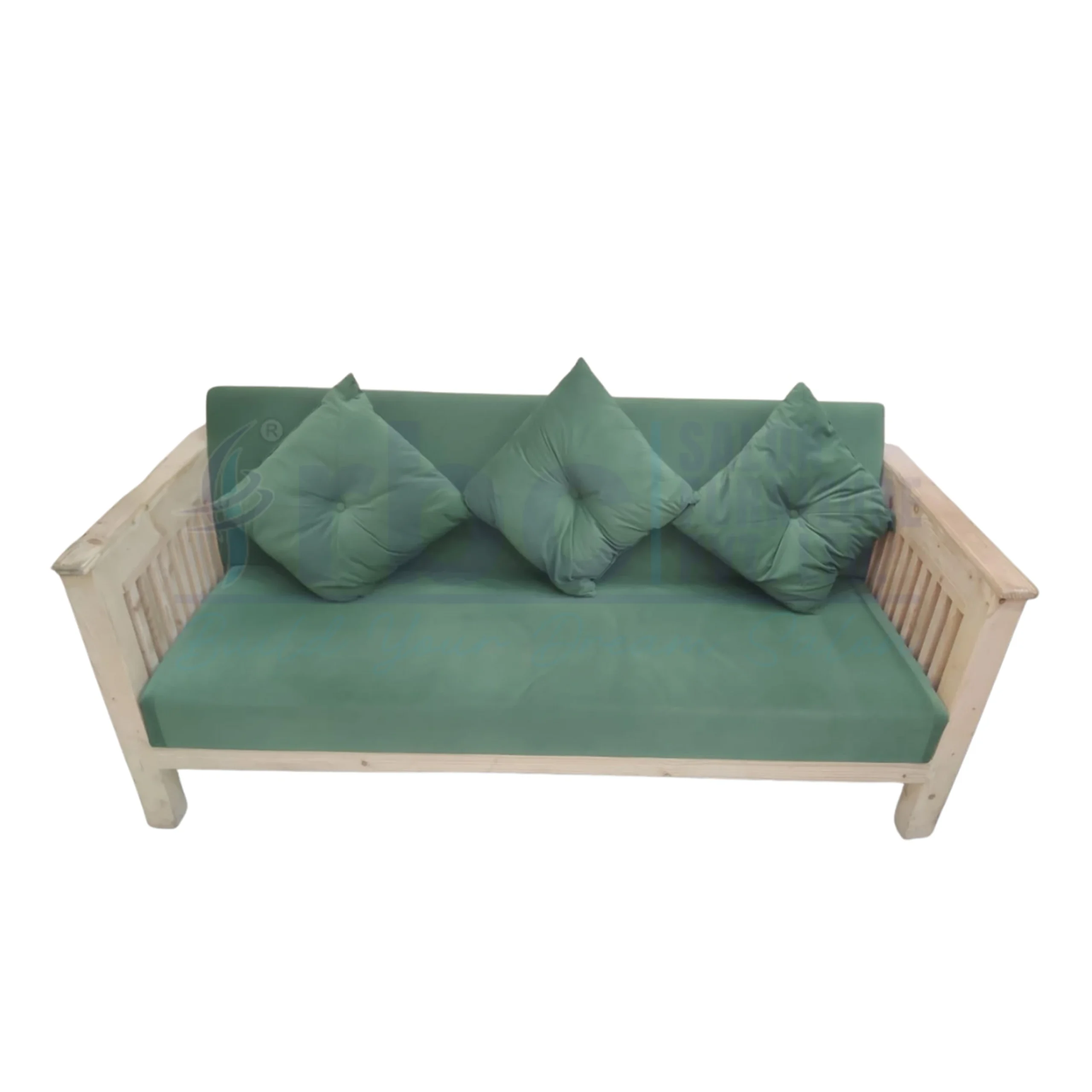 Home RBC 517 Green Fabric 3-Seater Salon Waiting Sofa Couch with Light Wood Slatted Frame and Pillows