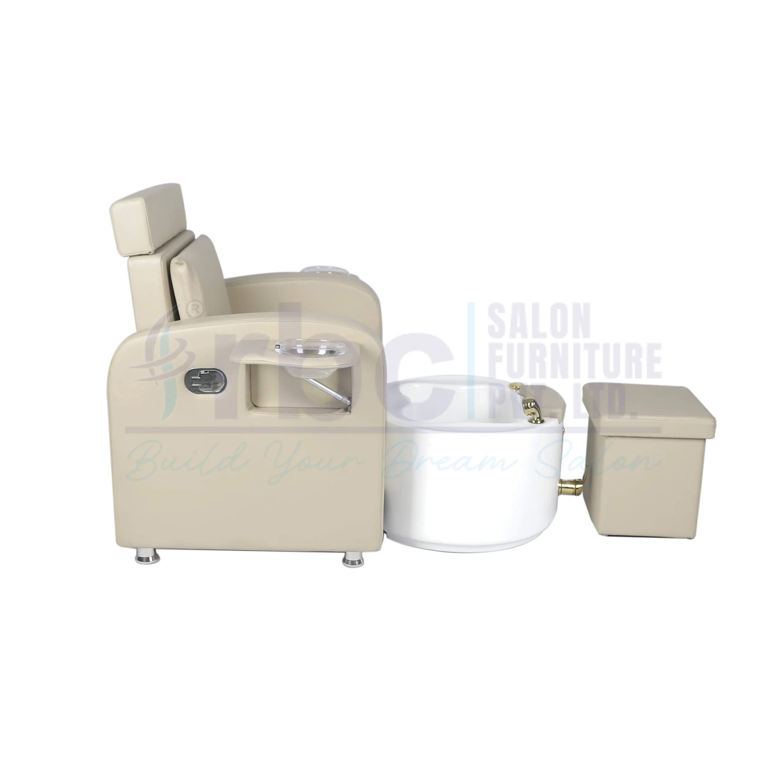 RBC 601 Beige Manicure Pedicure Spa Station Chair with Side Soak Bowls White Tub and Matching Technician Stool