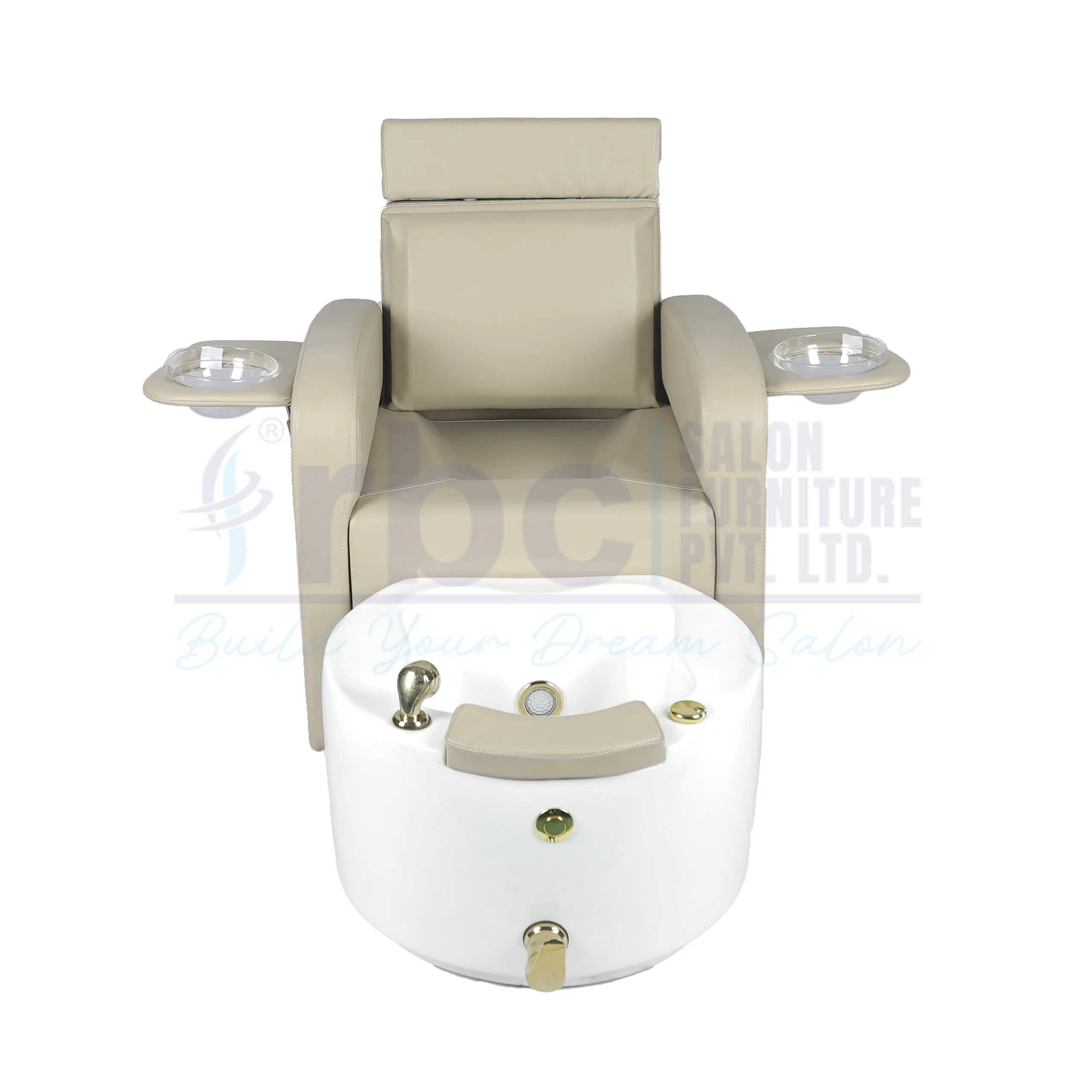 RBC 601 Beige Manicure Pedicure Spa Station Chair with Side Soak Bowls White Tub and Matching Technician Stool