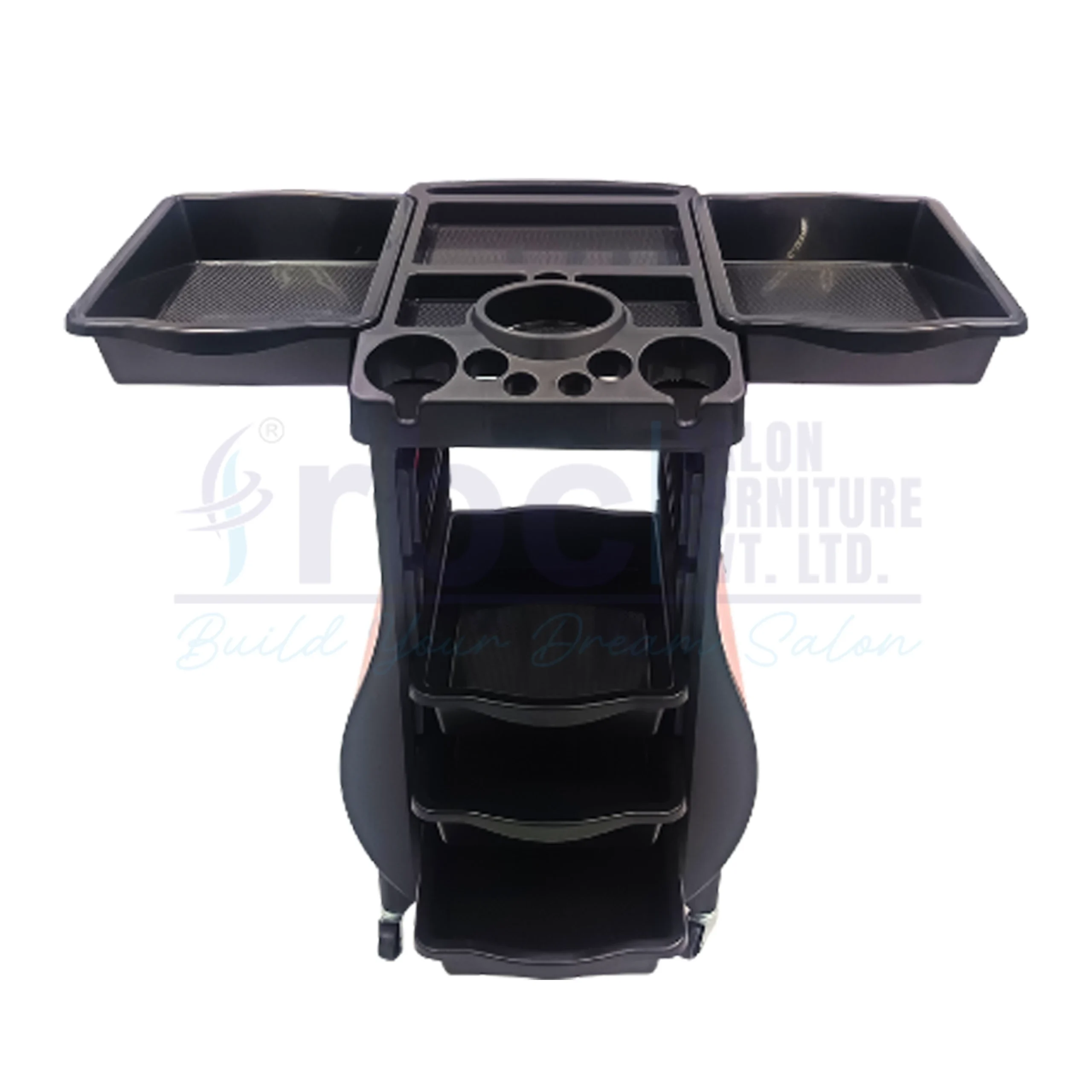 RBC 69 Red and Black Professional Salon Trolley Cart with Extended Trays and Appliance Holders