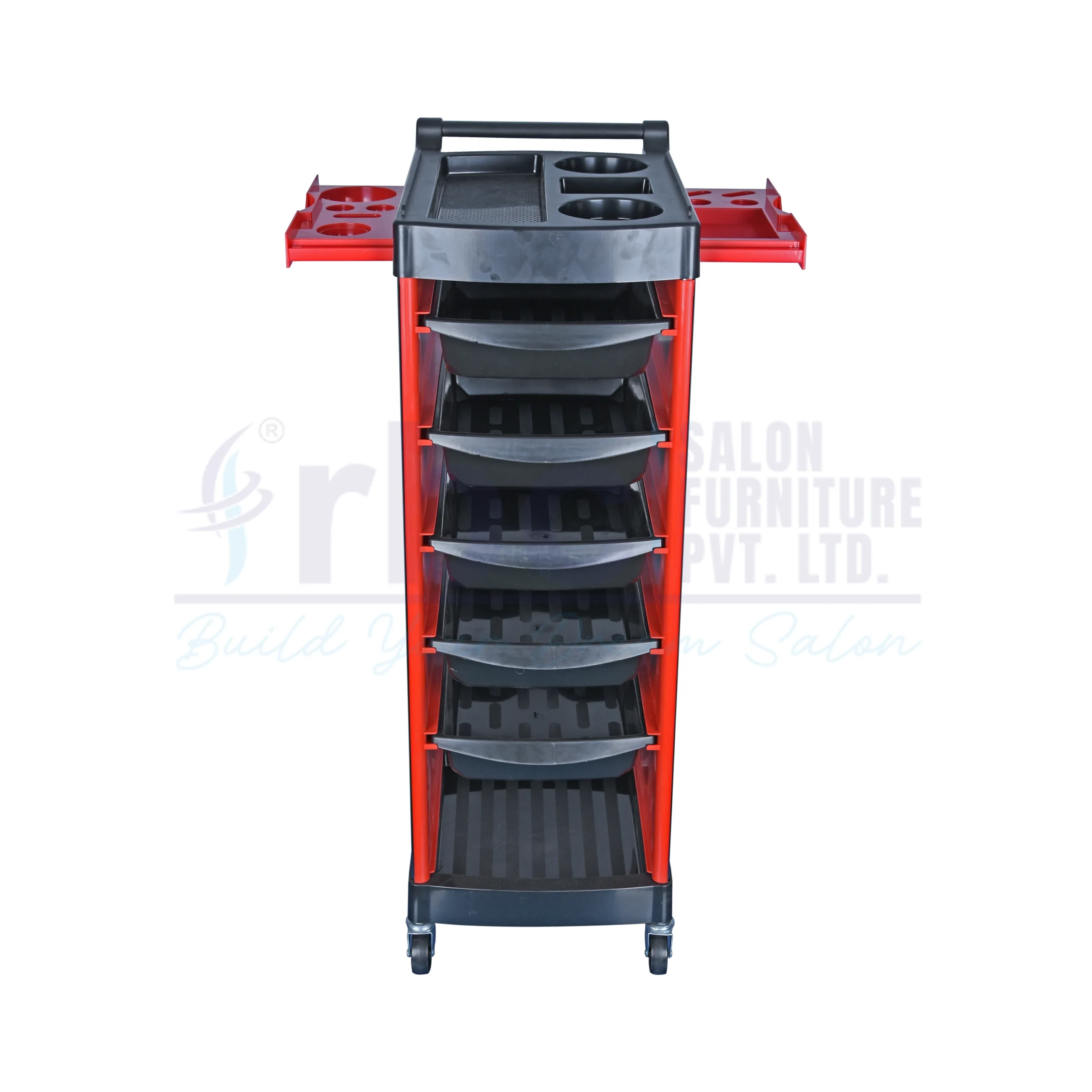 RBC 71 Red and Black Professional Salon Trolley Cart with 5 Slide-Out Drawers and Foldable Side Trays
