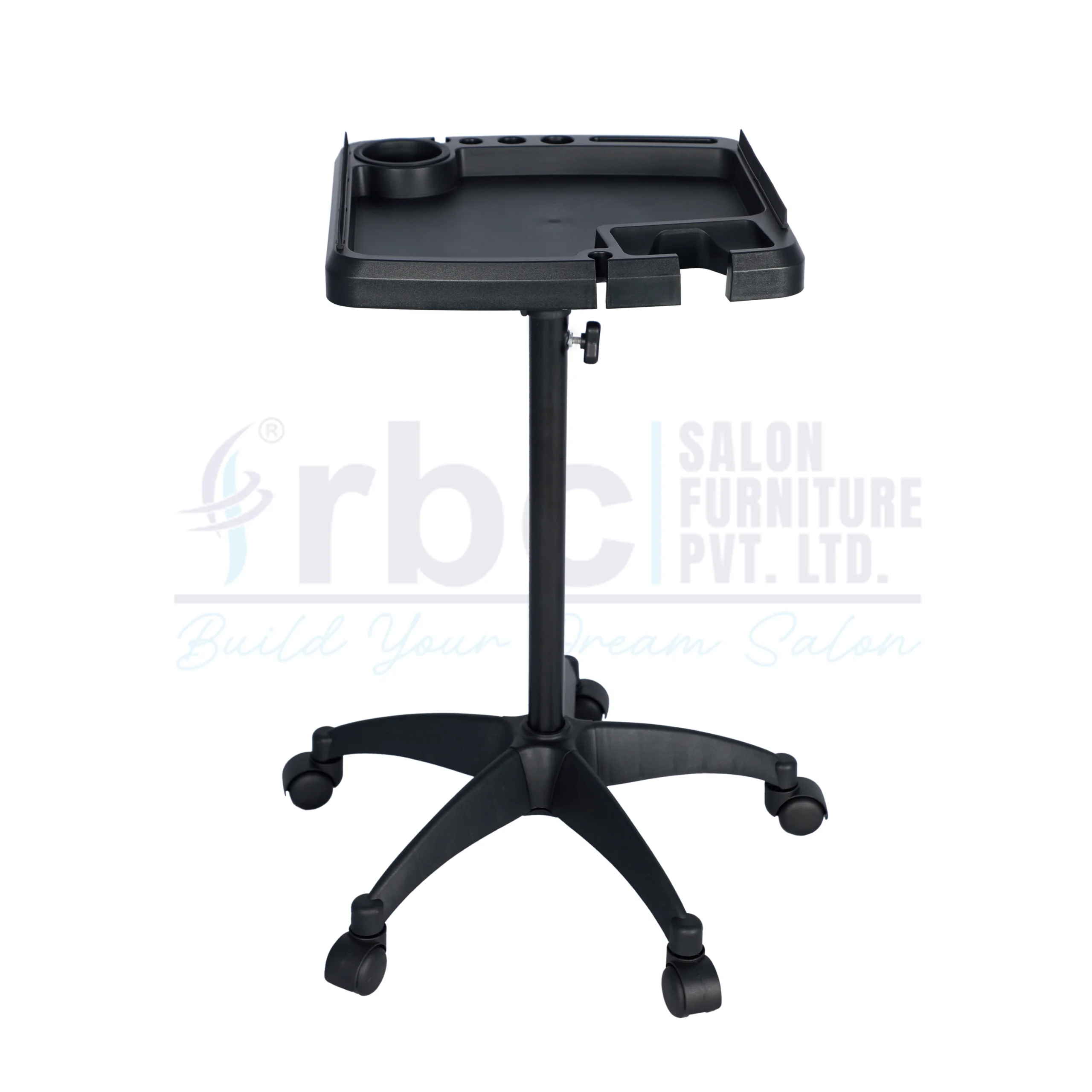 RBC 72 Black Height Adjustable Salon Service Tray Stand with Hair Dryer Holder and 5 Star Base