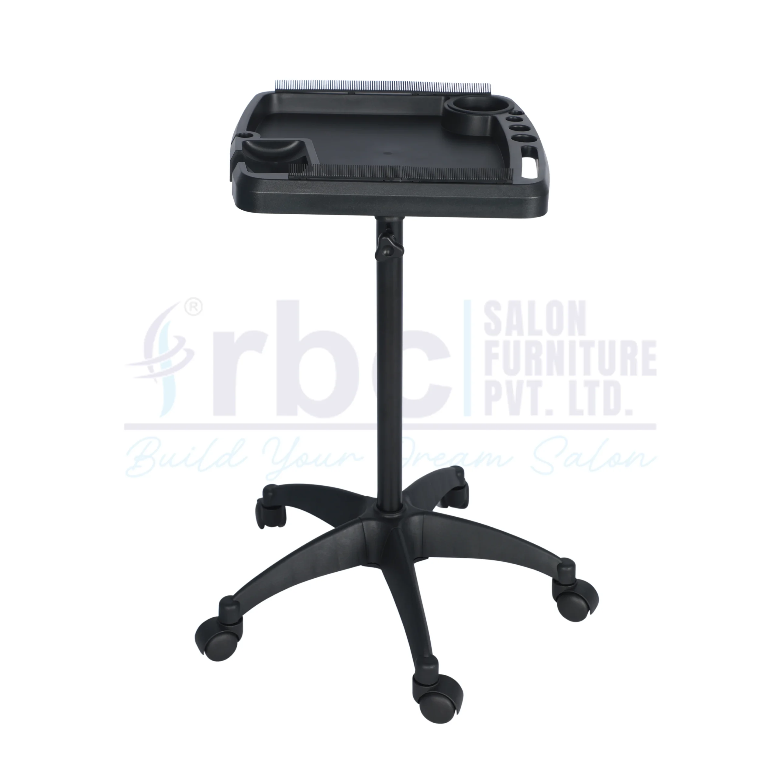 RBC 72 Black Height Adjustable Salon Service Tray Stand with Hair Dryer Holder and 5 Star Base