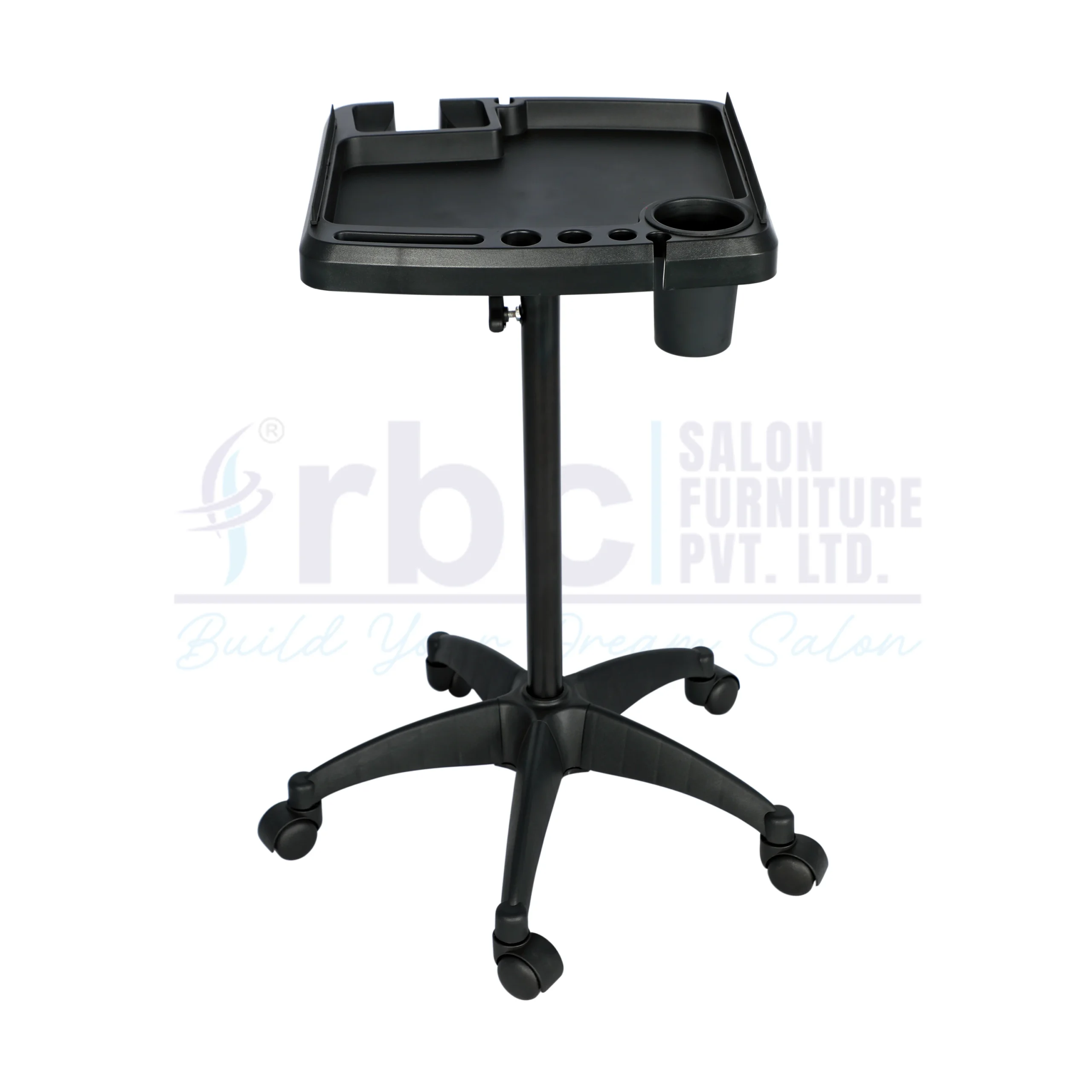 RBC 72 Black Height Adjustable Salon Service Tray Stand with Hair Dryer Holder and 5 Star Base