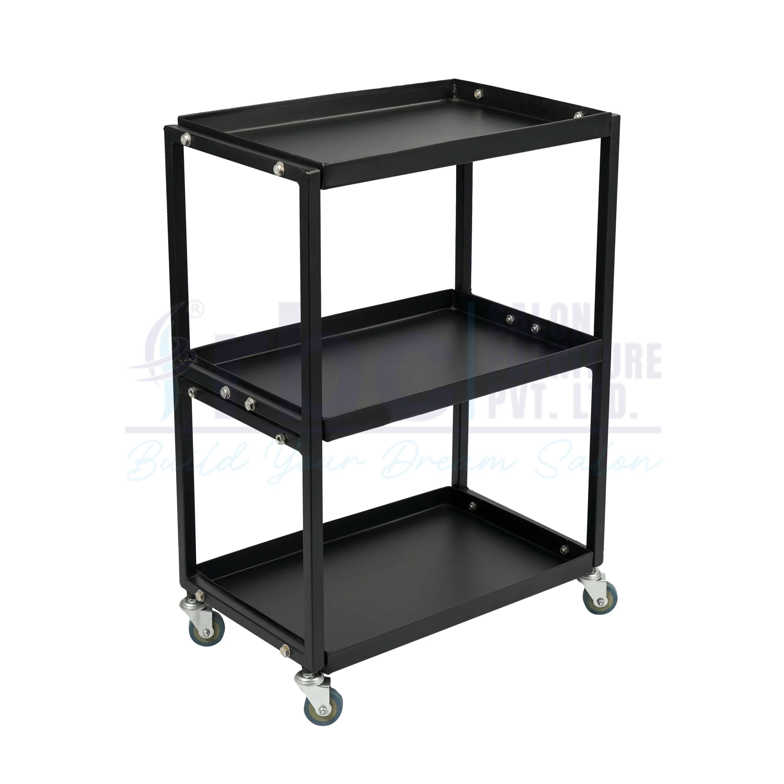 RBC 80 All Black 3 Tier Heavy Duty Metal Salon Utility Trolley Cart with Raised Tray Shelves and Caster Wheels