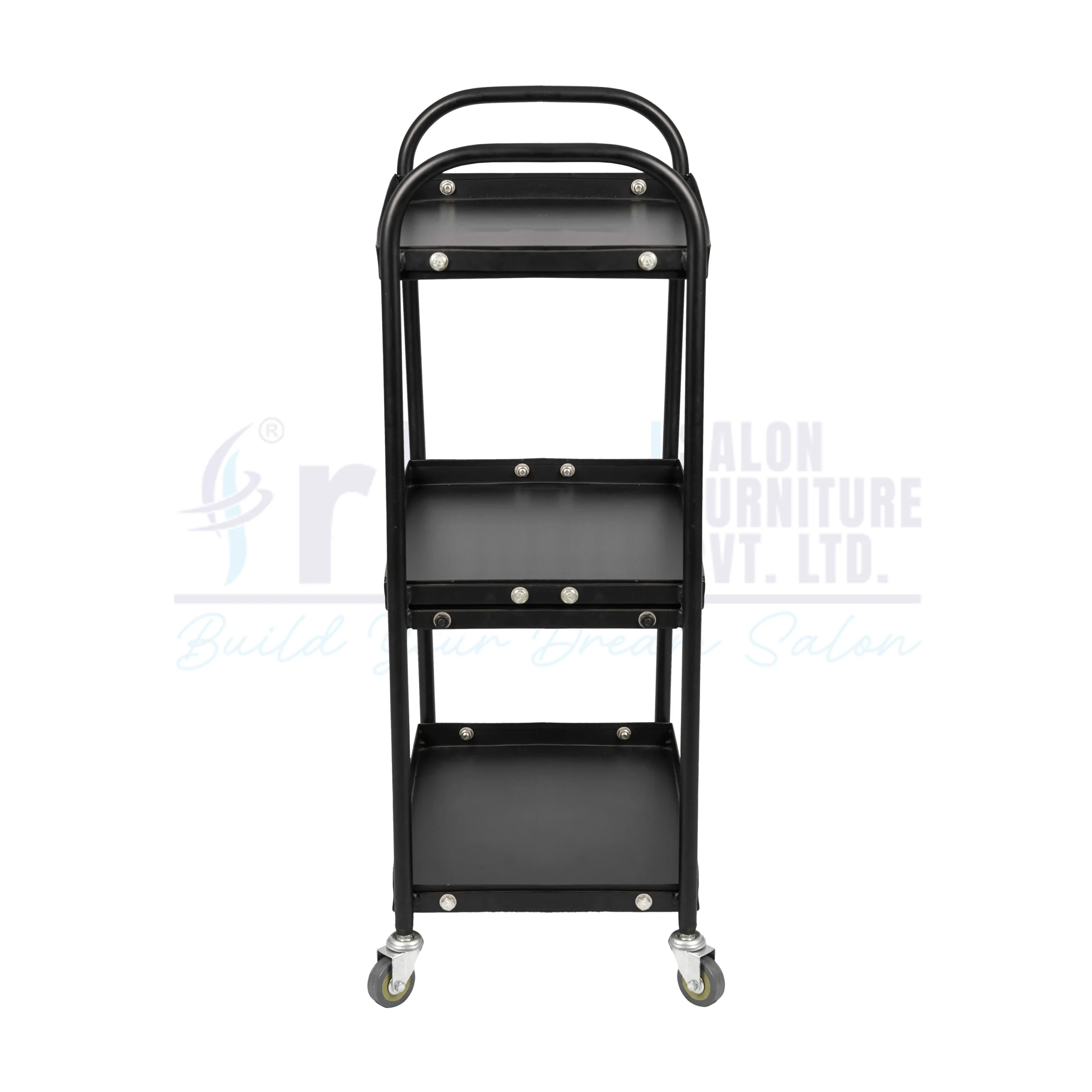 RBC 81 All Black 3 Tier Heavy Duty Metal Salon Utility Trolley Cart with Curved Top Push Handles and Caster Wheels