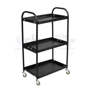 RBC 81 All Black 3 Tier Heavy Duty Metal Salon Utility Trolley Cart with Curved Top Push Handles and Caster Wheels