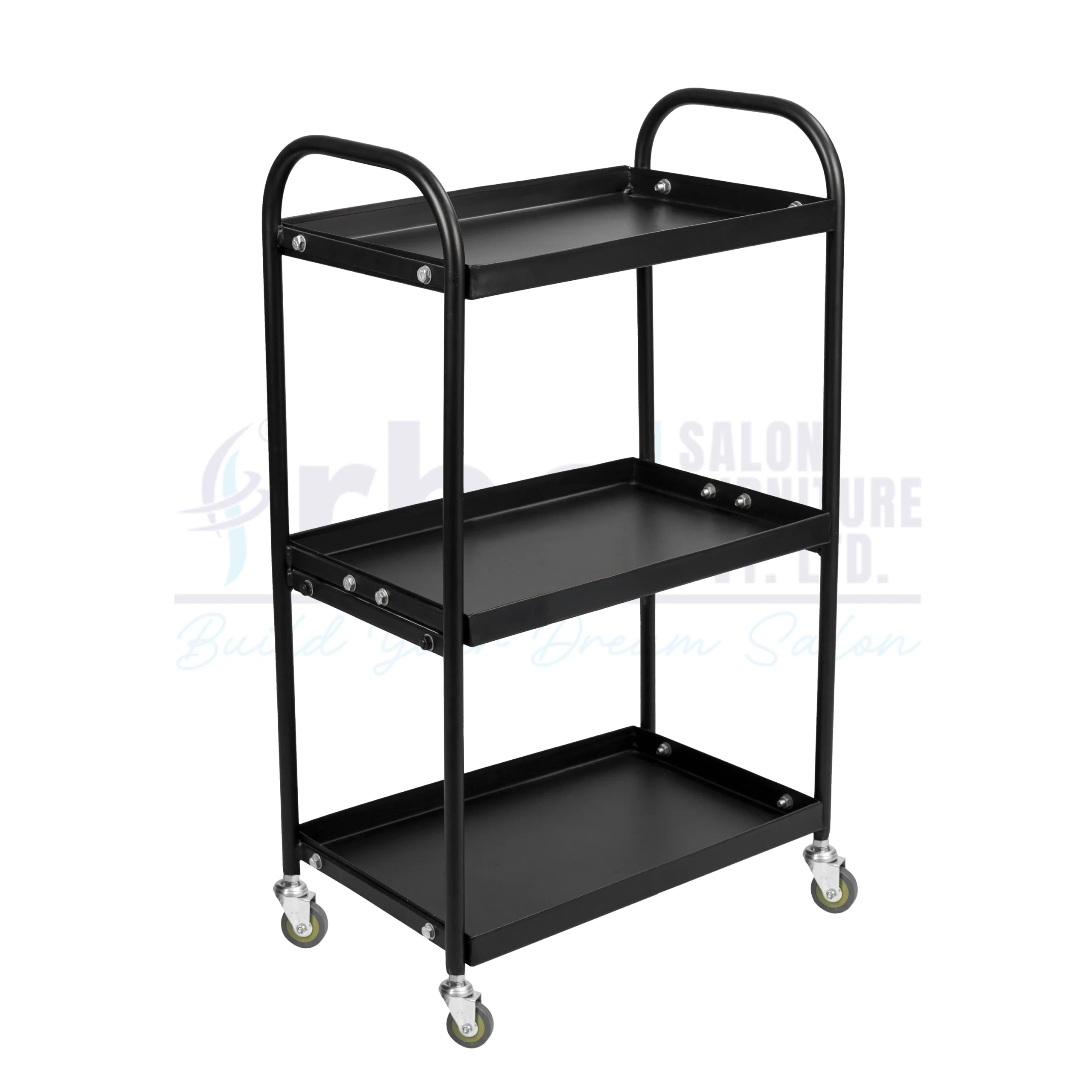 RBC 81 All Black 3 Tier Heavy Duty Metal Salon Utility Trolley Cart with Curved Top Push Handles and Caster Wheels