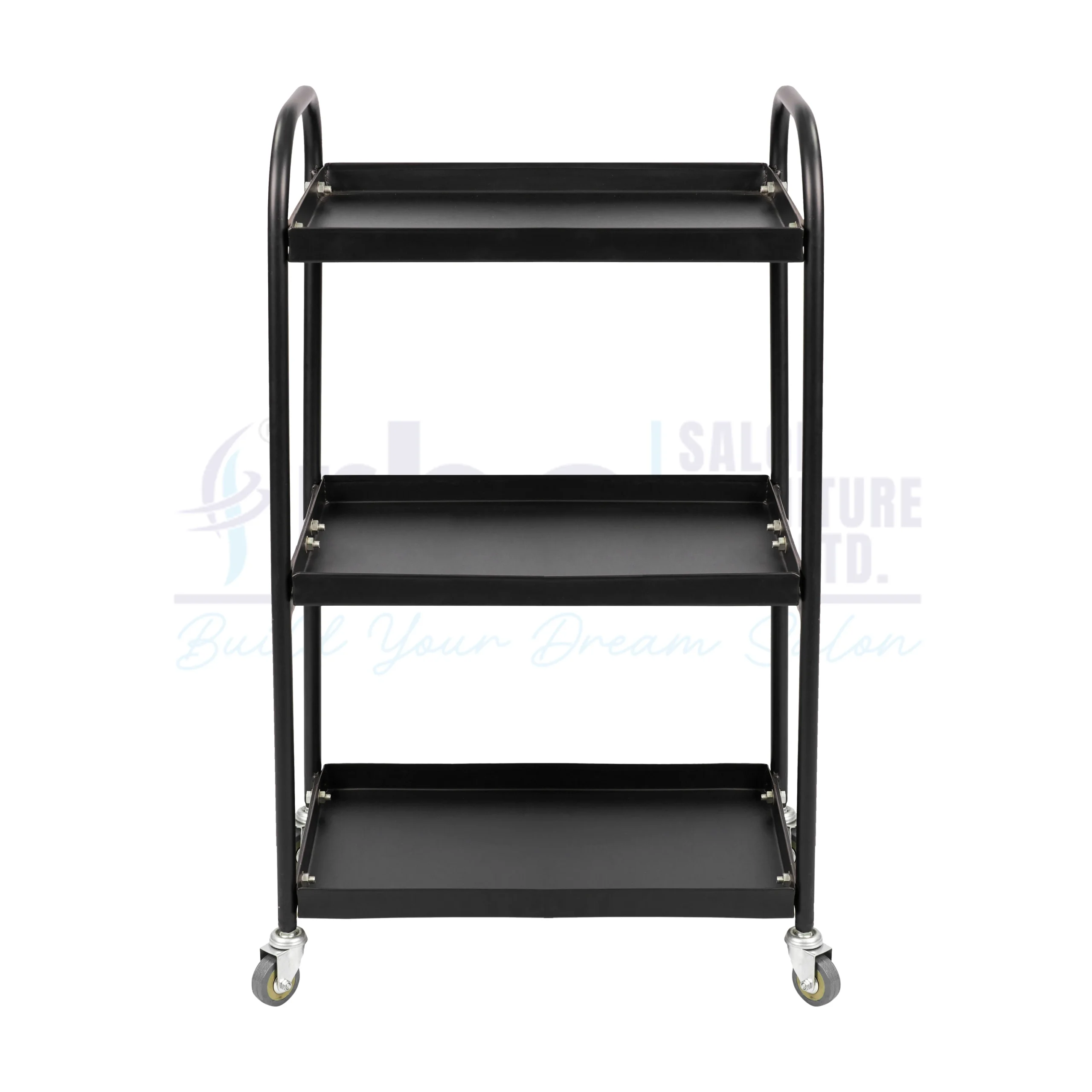 RBC 81 All Black 3 Tier Heavy Duty Metal Salon Utility Trolley Cart with Curved Top Push Handles and Caster Wheels