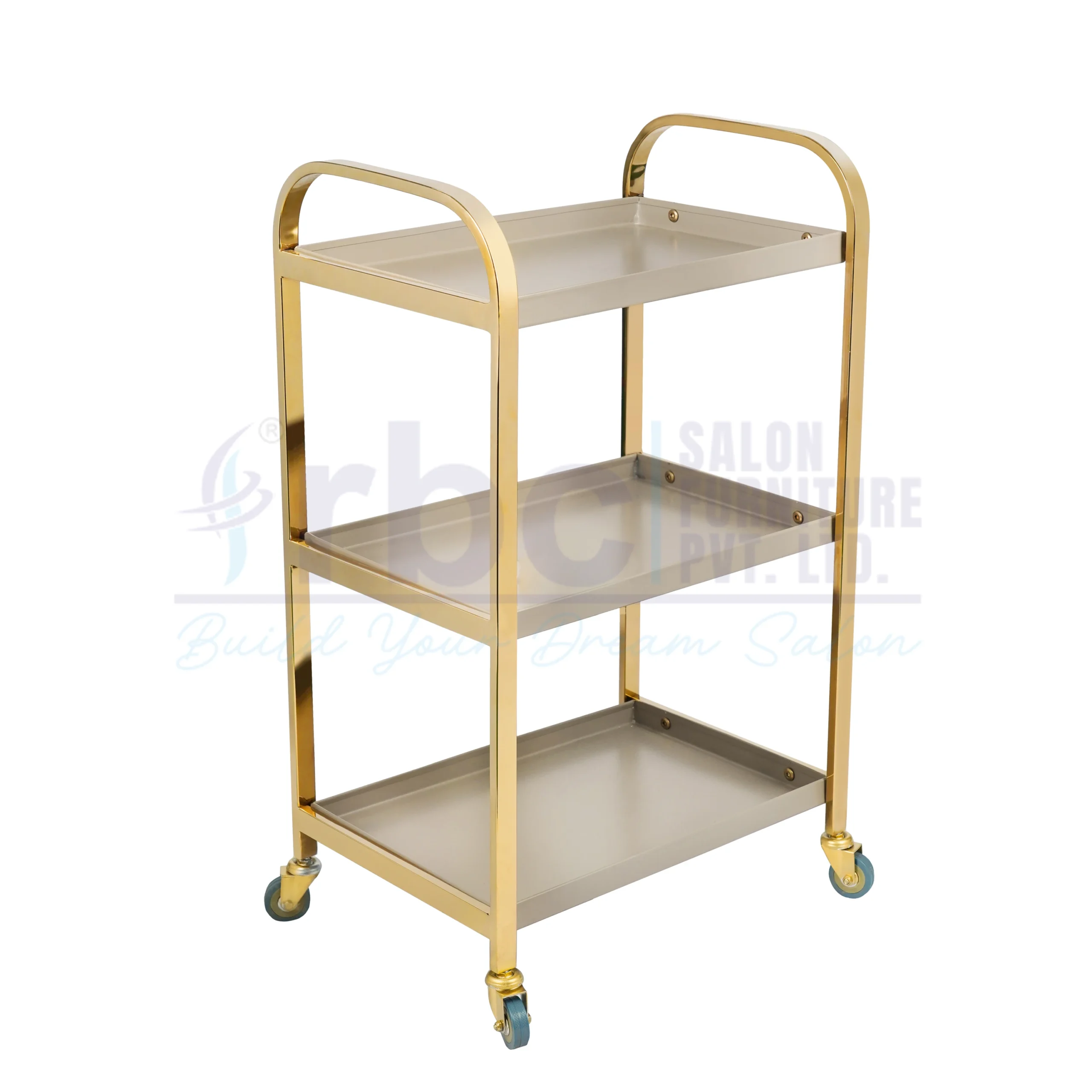 RBC 82 Luxury 3 Tier Metal Salon Utility Trolley Cart with Polished Gold Frame and Beige Shelves