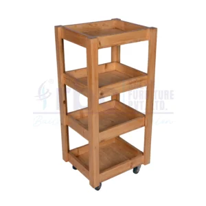 RBC 84 Natural Acacia Wooden 4 Tier Salon Utility Trolley Cart with Glossy Finish and Caster Wheels