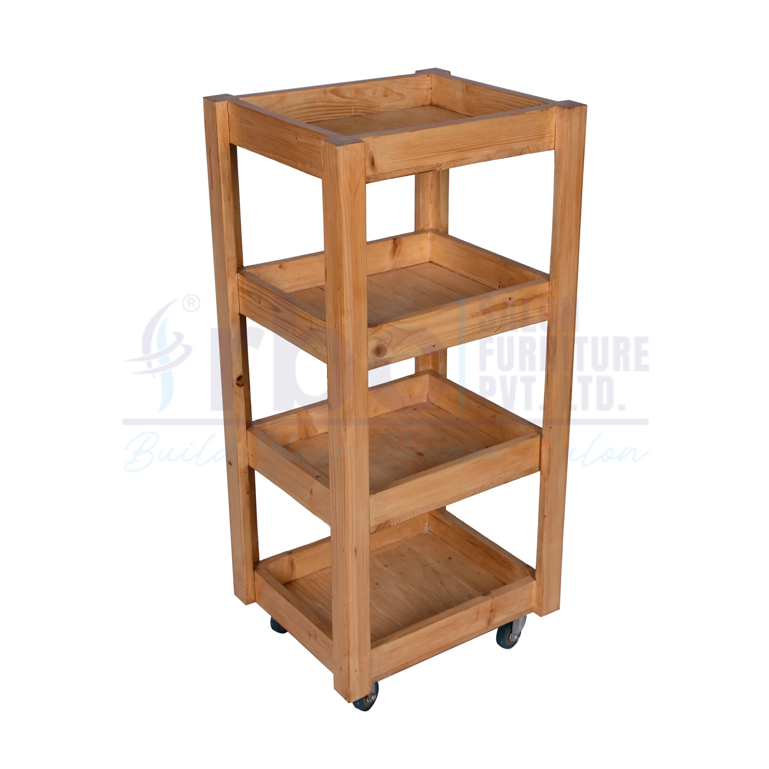 RBC 84 Natural Acacia Wooden 4 Tier Salon Utility Trolley Cart with Glossy Finish and Caster Wheels