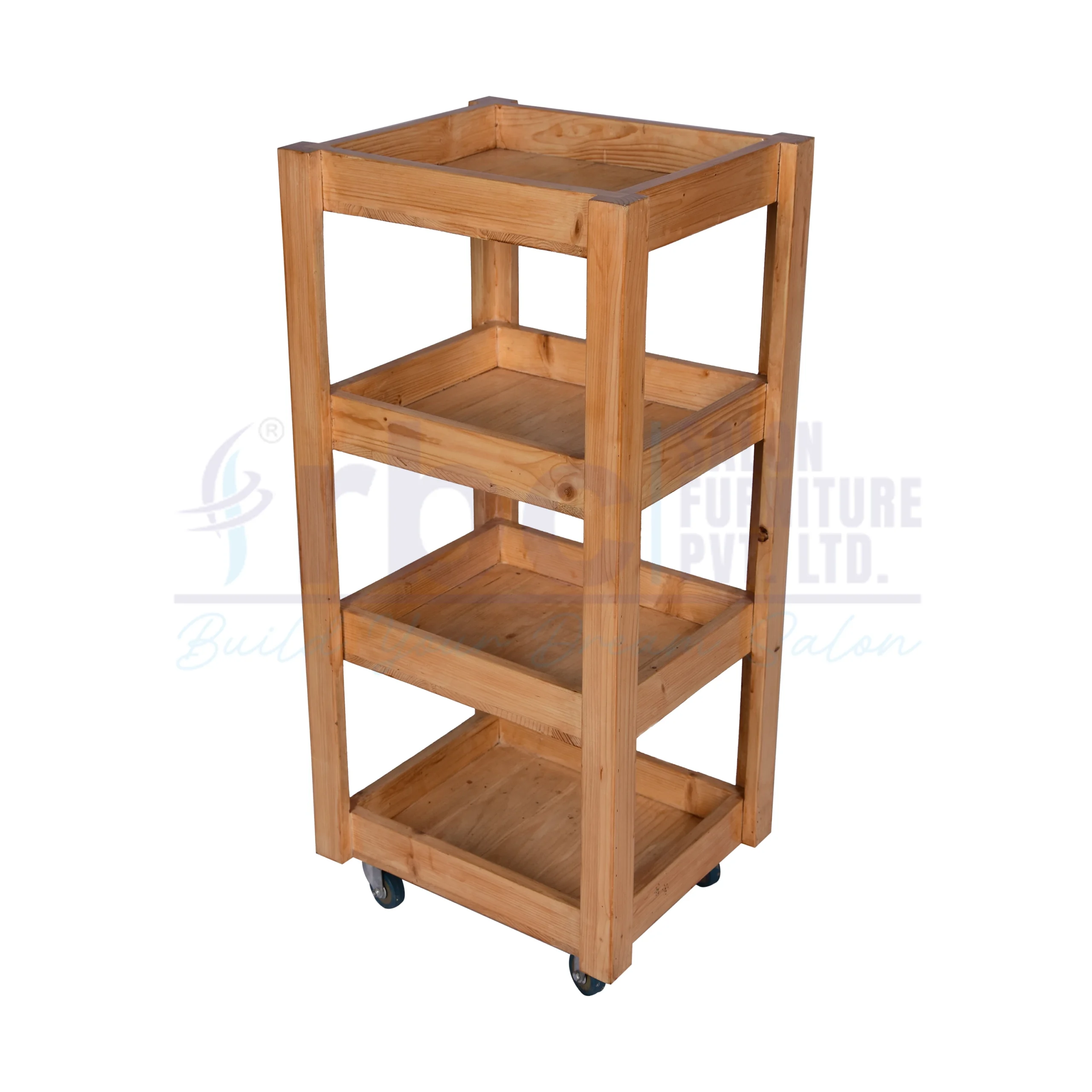 RBC 84 Natural Acacia Wooden 4 Tier Salon Utility Trolley Cart with Glossy Finish and Caster Wheels