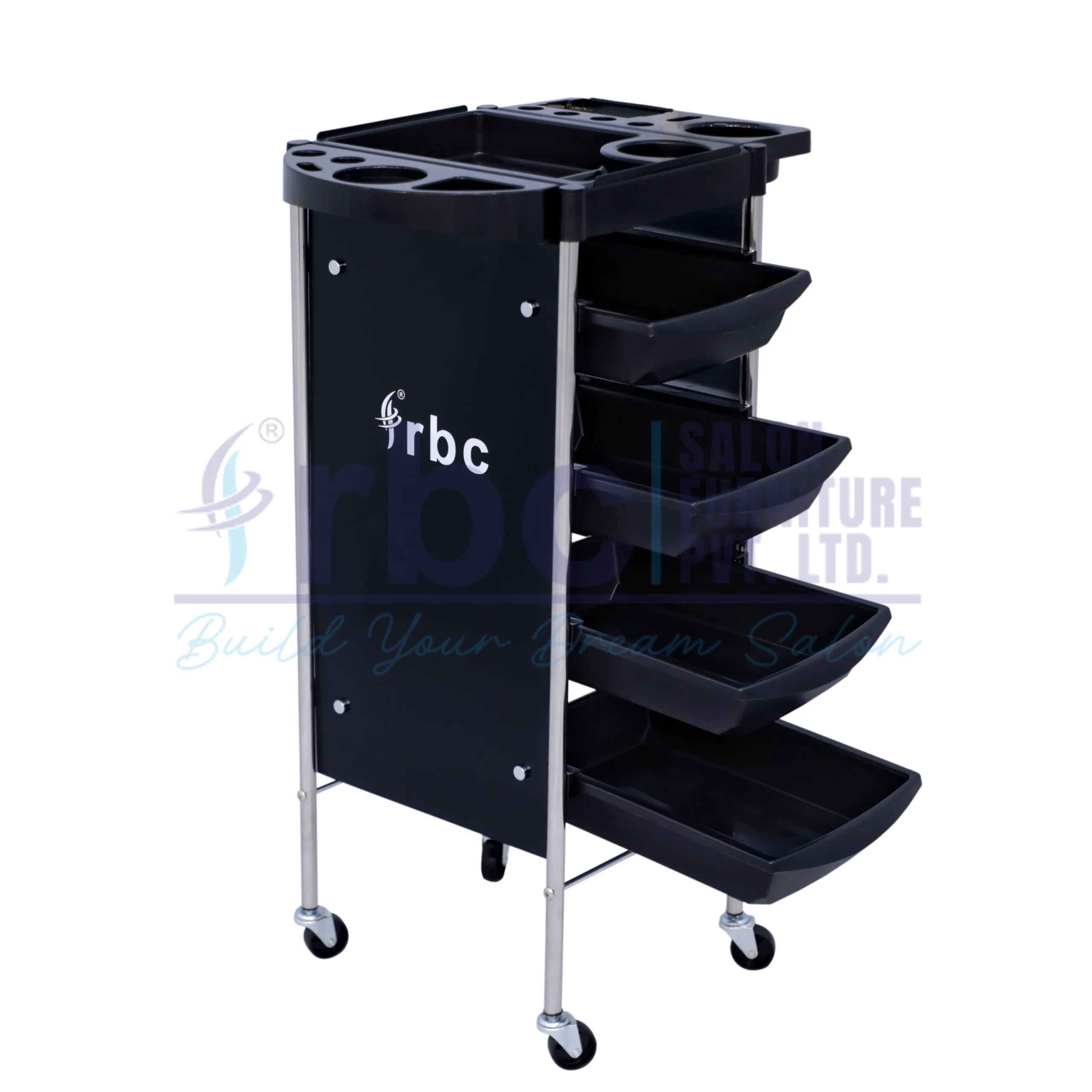 RBC 86 Black Professional Salon Trolley Cart with Slide-Out Drawers, Tool Holder Top, and Swivel Caster Wheels