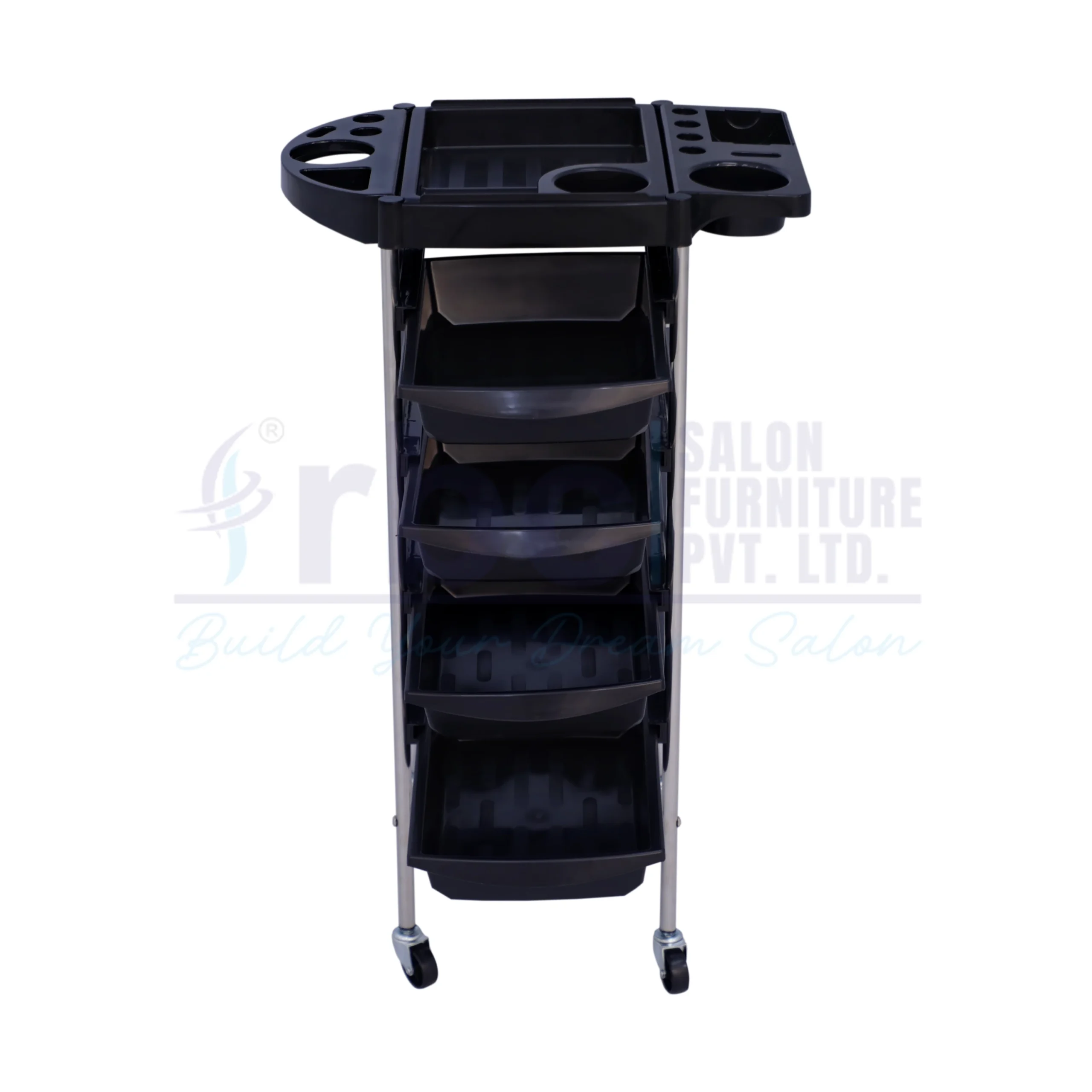 RBC 86 Black Professional Salon Trolley Cart with Slide-Out Drawers, Tool Holder Top, and Swivel Caster Wheels