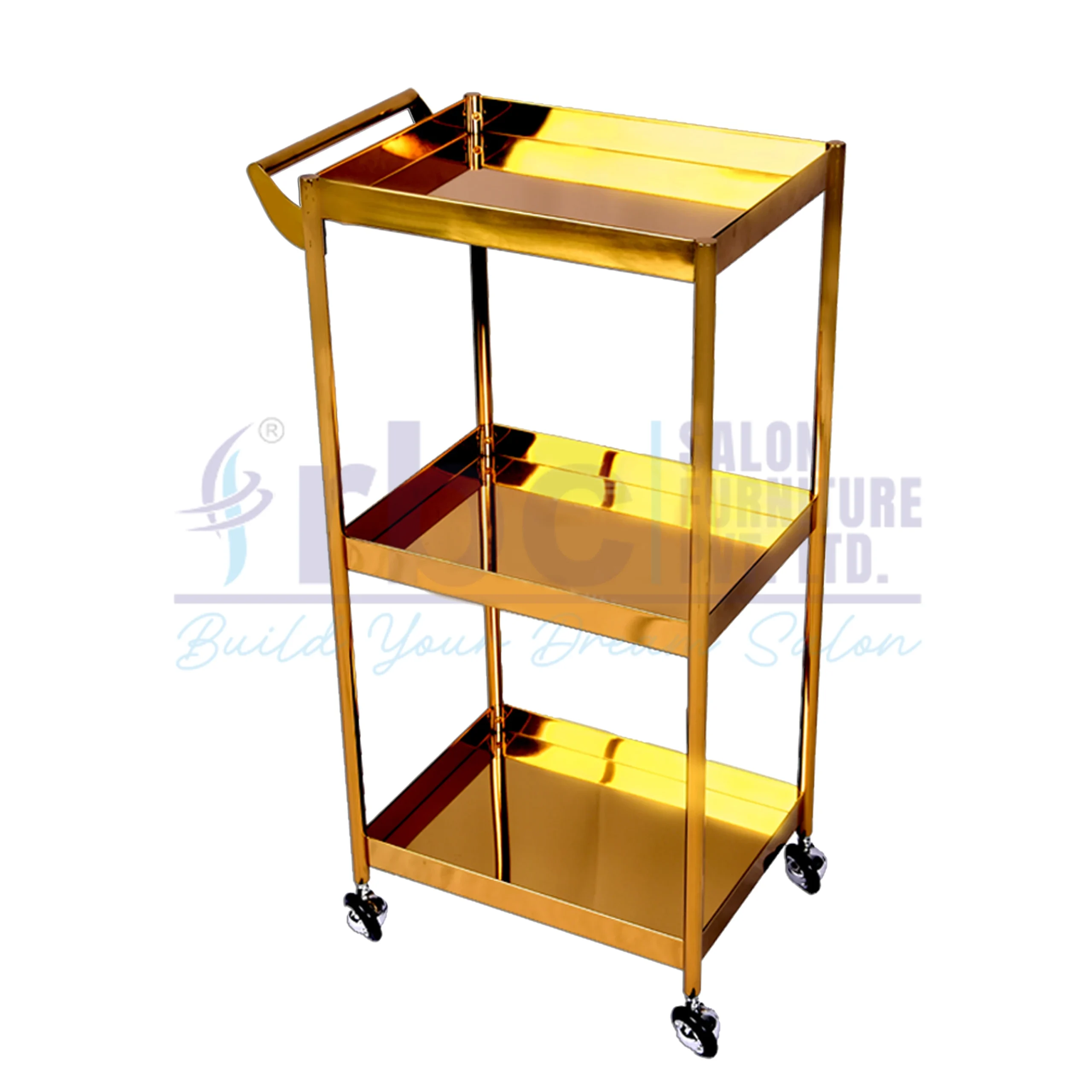 RBC 87 Luxury 3 Tier Gold Stainless Steel Salon Utility Trolley Cart with Mirror Gold Finish and Caster Wheels