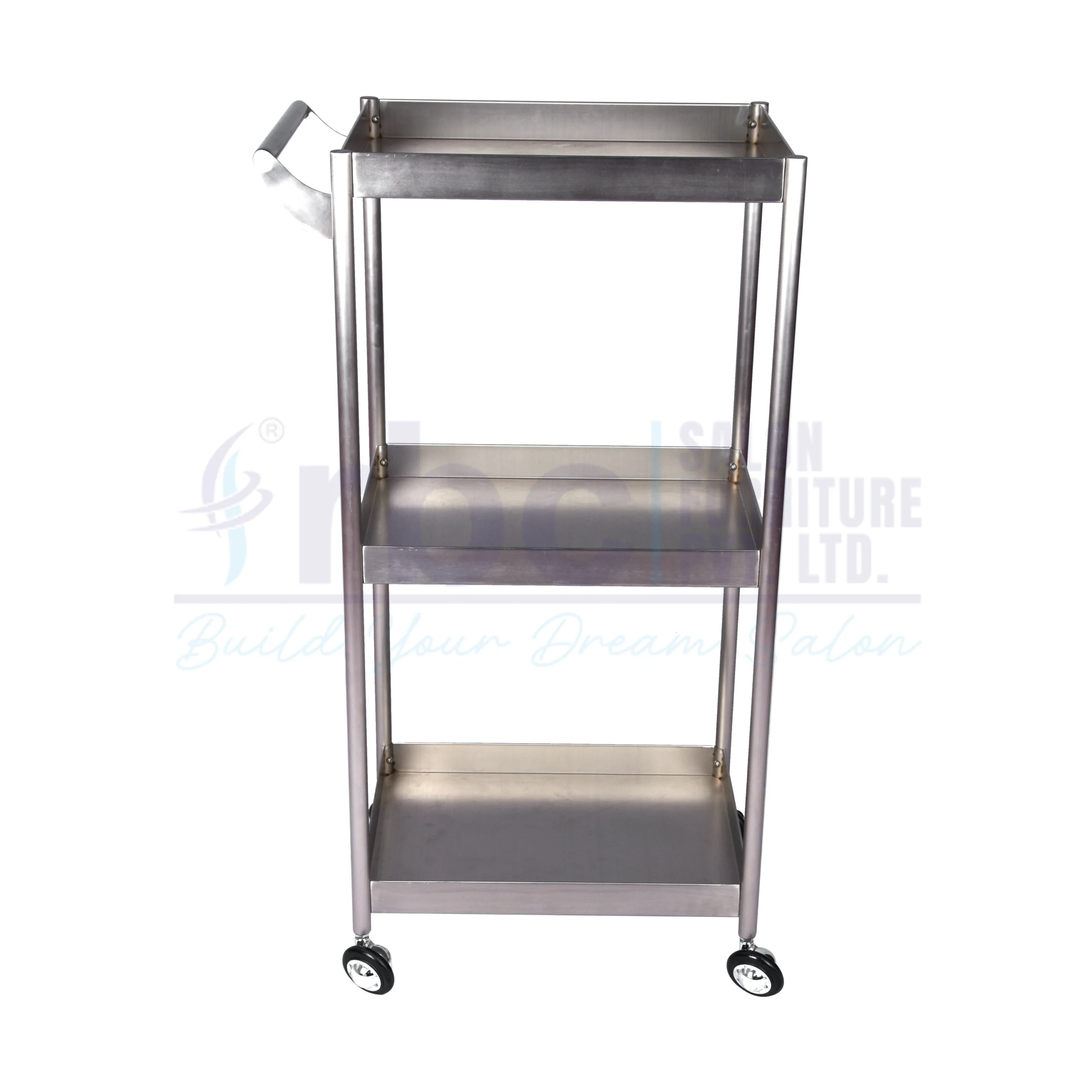 RBC 88 Professional 3 Tier Brushed Stainless Steel Salon Utility Trolley Cart with Curved Push Handle and Swivel Caster Wheels