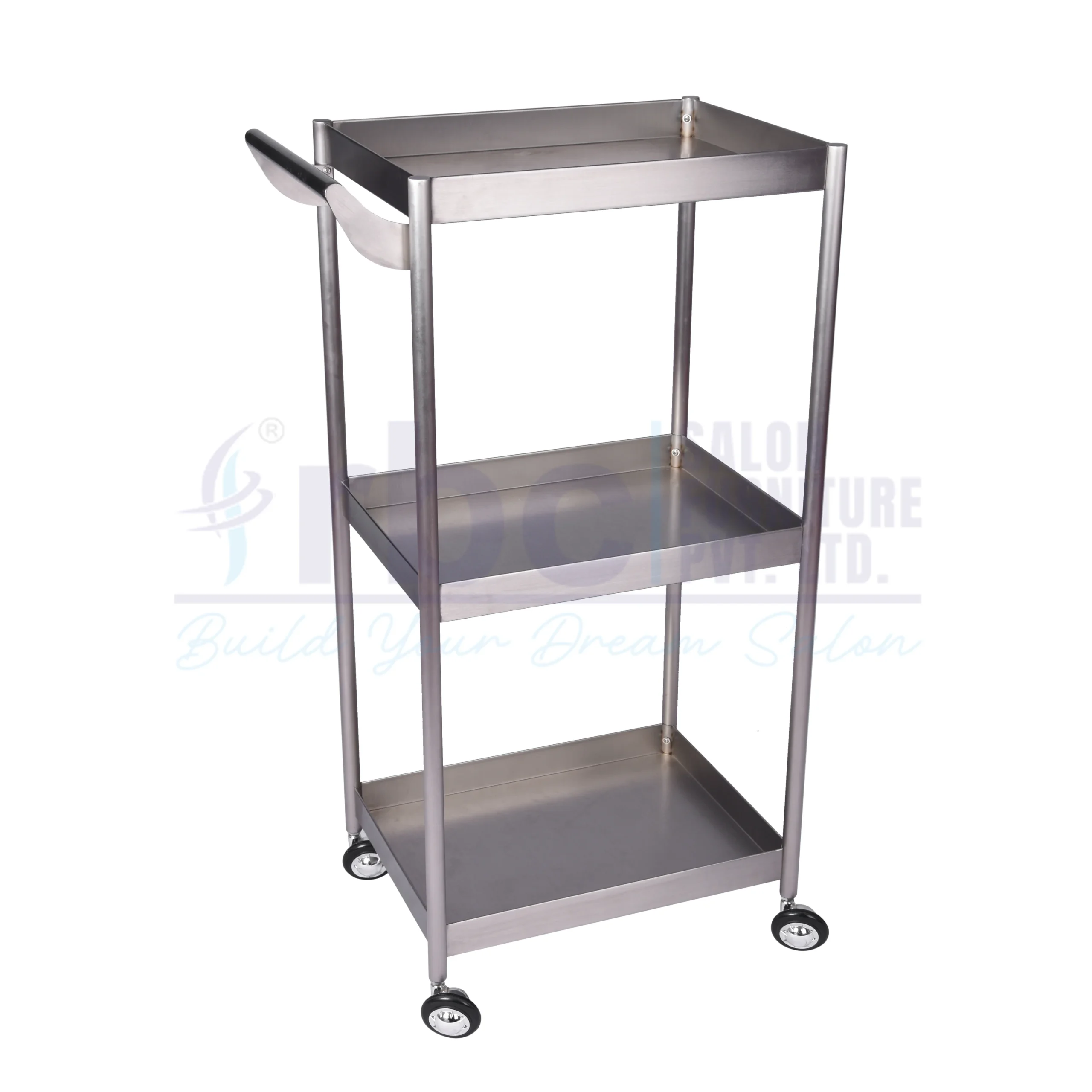 RBC 88 Professional 3 Tier Brushed Stainless Steel Salon Utility Trolley Cart with Curved Push Handle and Swivel Caster Wheels