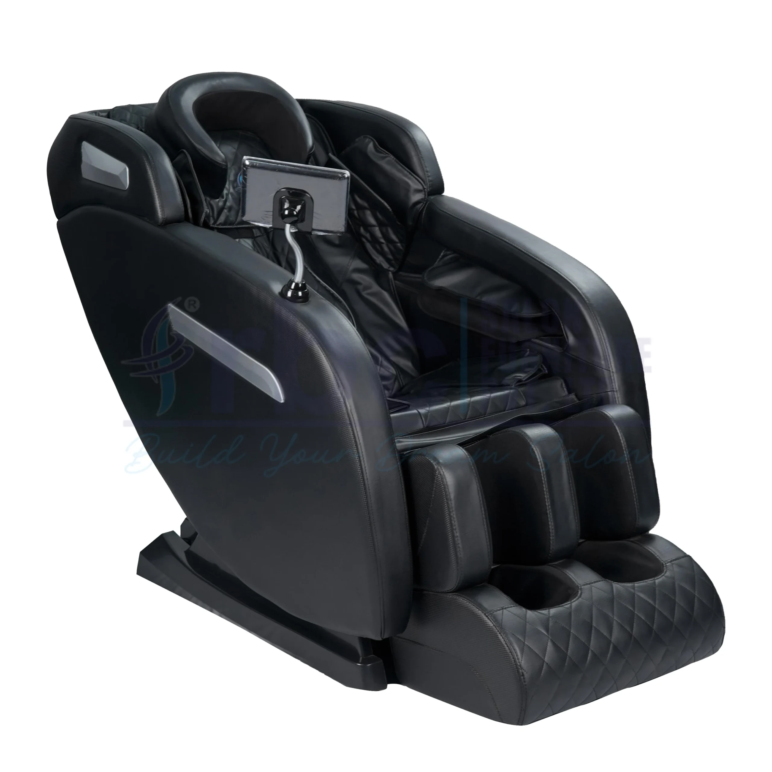 RBC 908 All-Black Professional Full Body Reclining Massage Chair Front View with Touch Screen Remote Display and Head Pillow