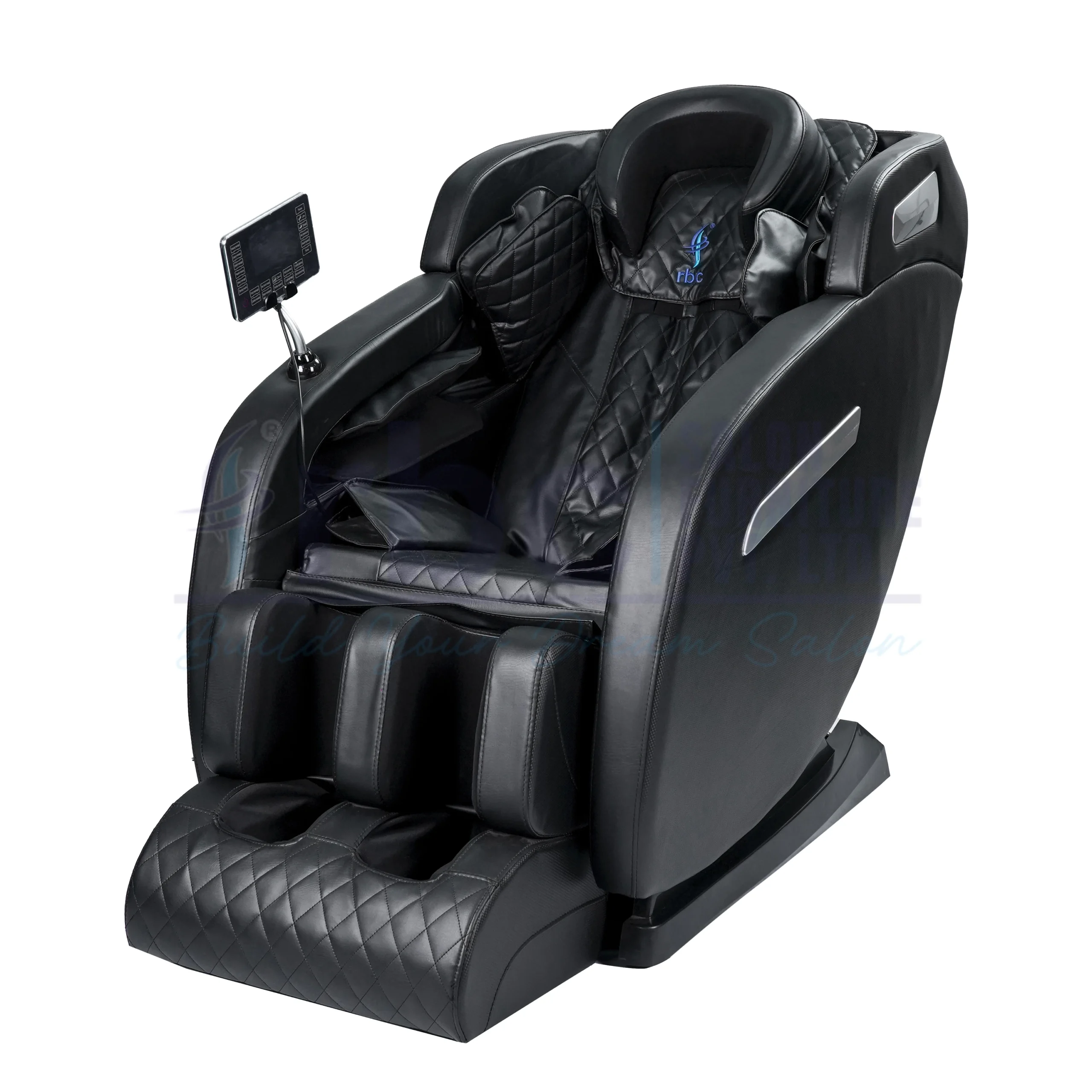 RBC 908 All-Black Professional Full Body Reclining Massage Chair Front View with Touch Screen Remote Display and Head Pillow