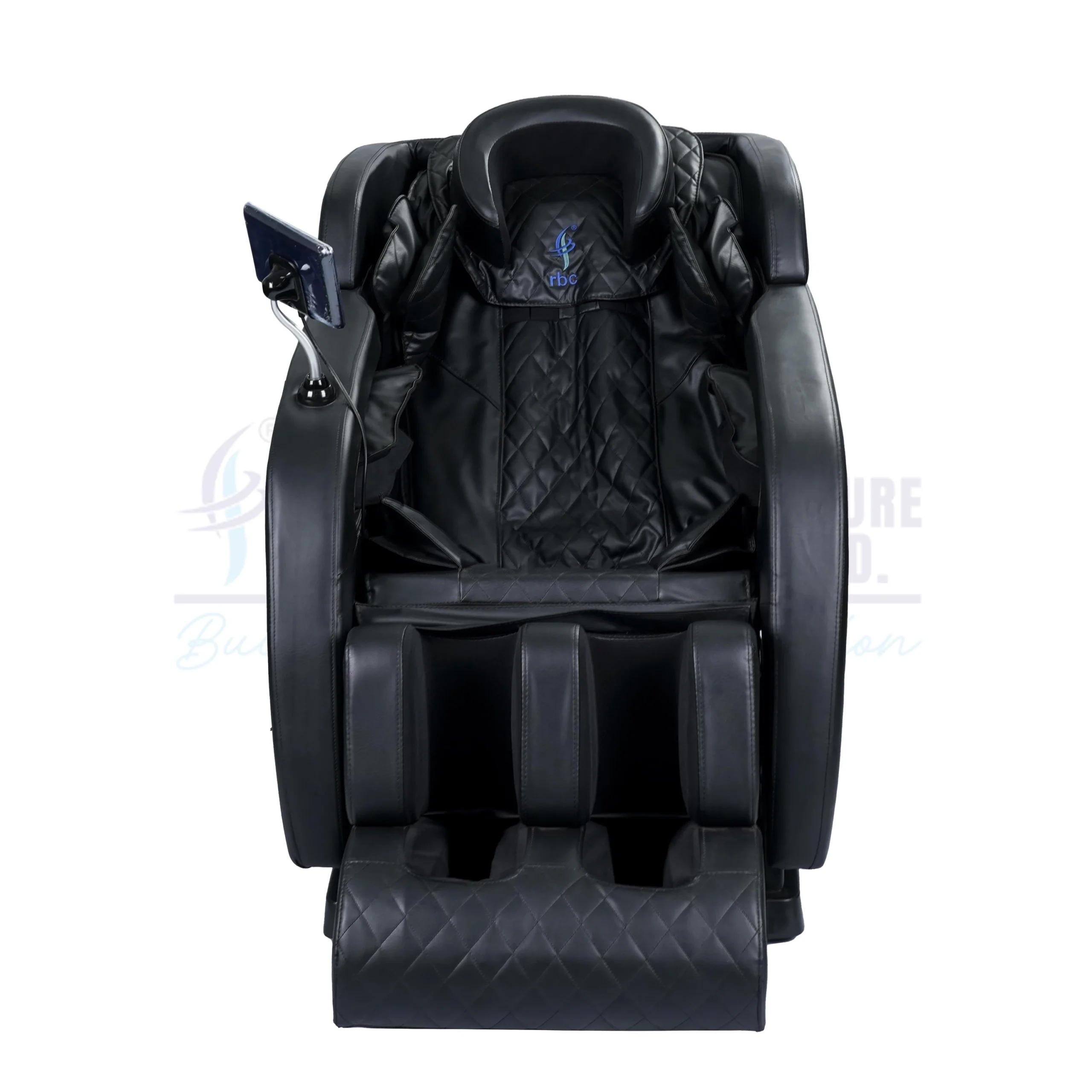 RBC 908 All-Black Professional Full Body Reclining Massage Chair Front View with Touch Screen Remote Display and Head Pillow