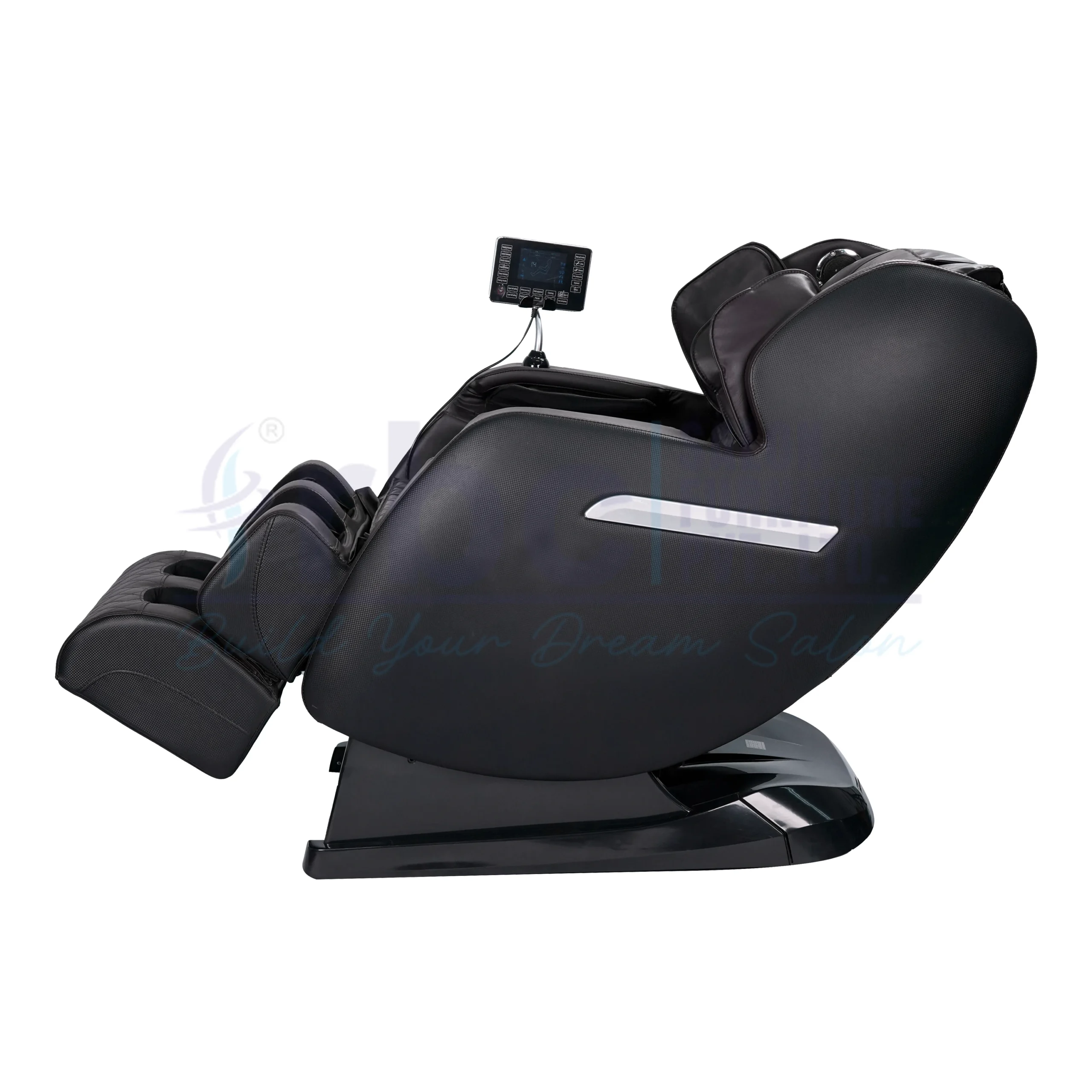 RBC 909 Dark Coffee Brown Luxury Full Body Reclining Massage Chair Angle View with Carbon Fiber Side Panels and Touch Screen Display