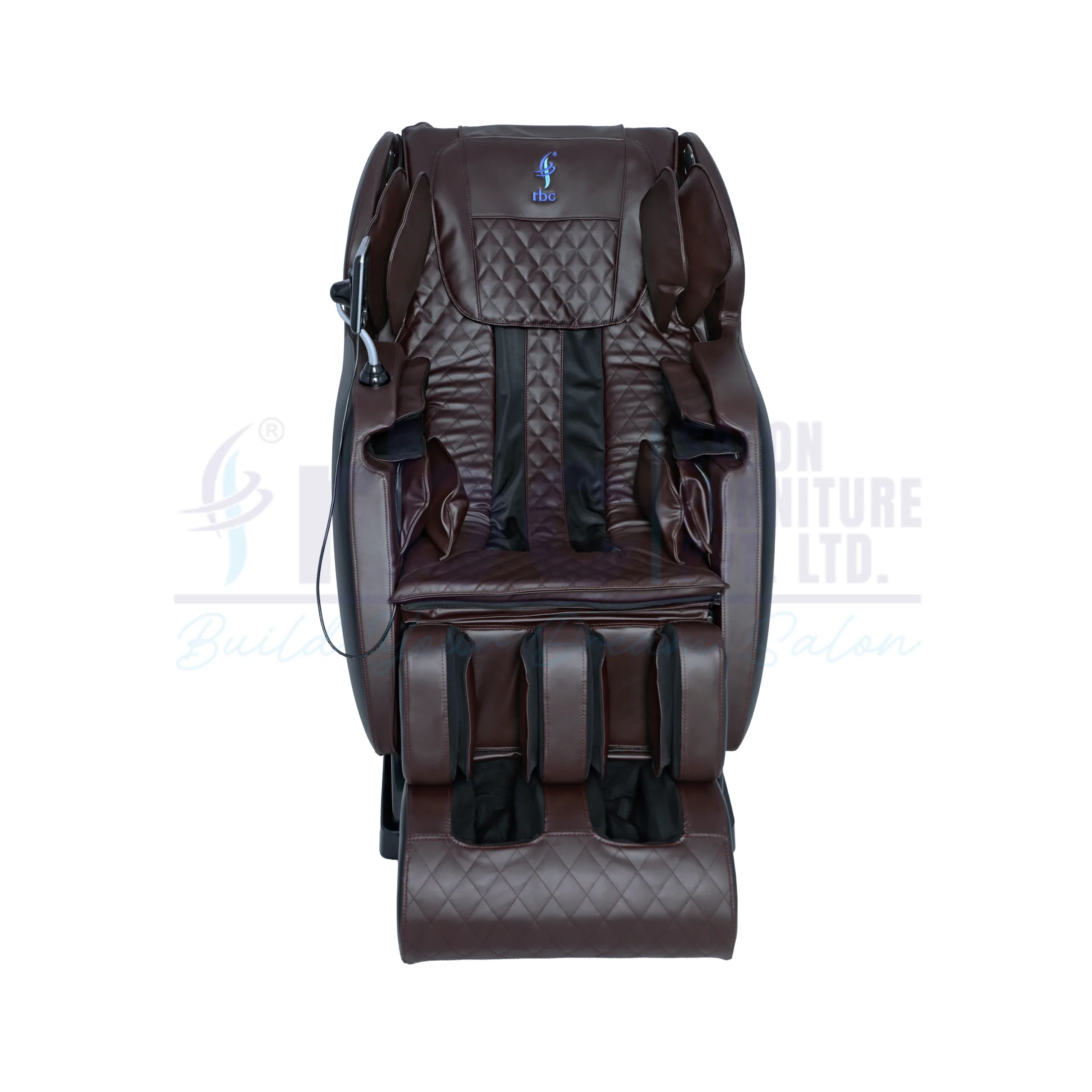 RBC 909 Dark Coffee Brown Luxury Full Body Reclining Massage Chair Angle View with Carbon Fiber Side Panels and Touch Screen Display