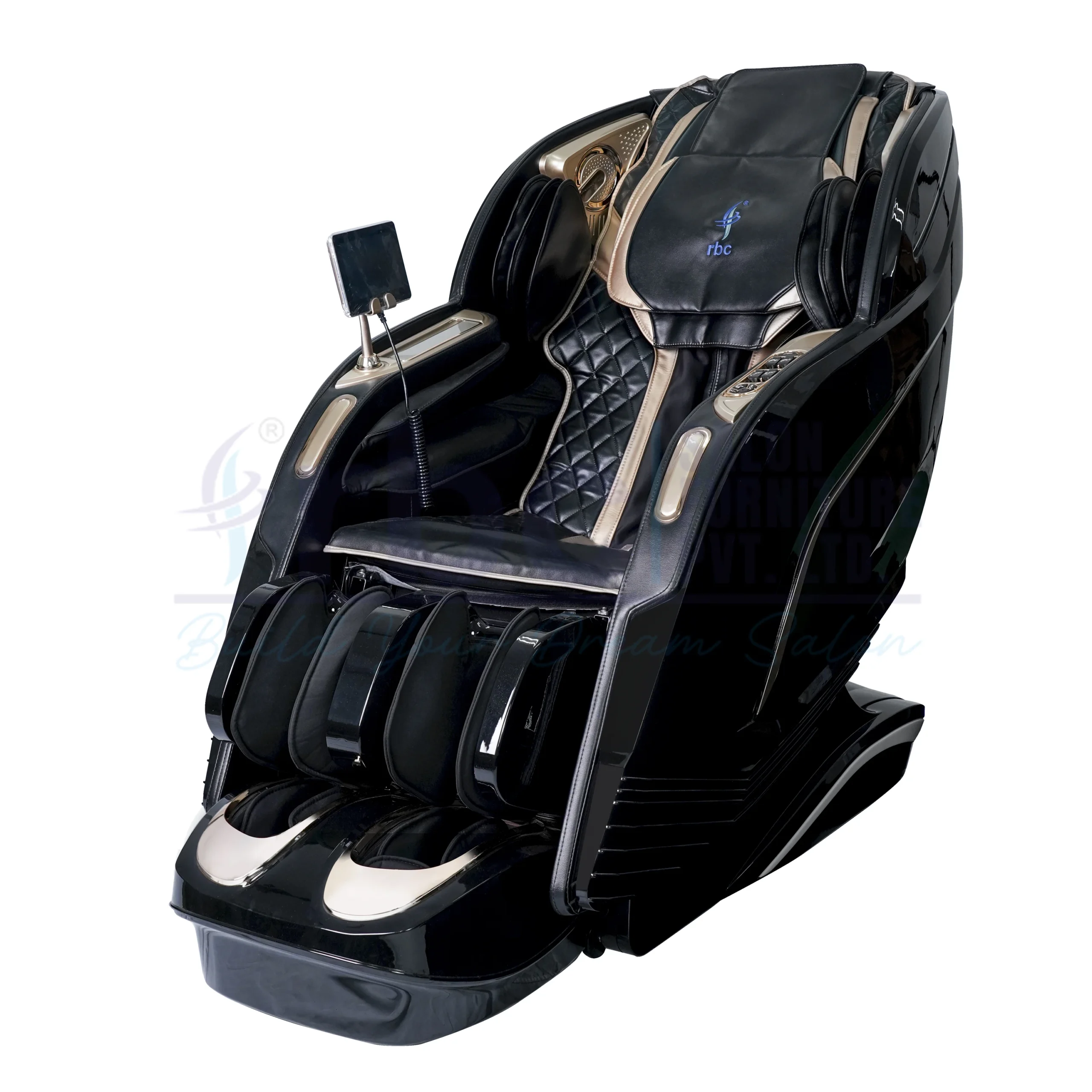 RBC 911 Glossy Black and Champagne Gold Luxury Full Body Reclining Massage Chair with Touch Screen Display and Built-in Speakers