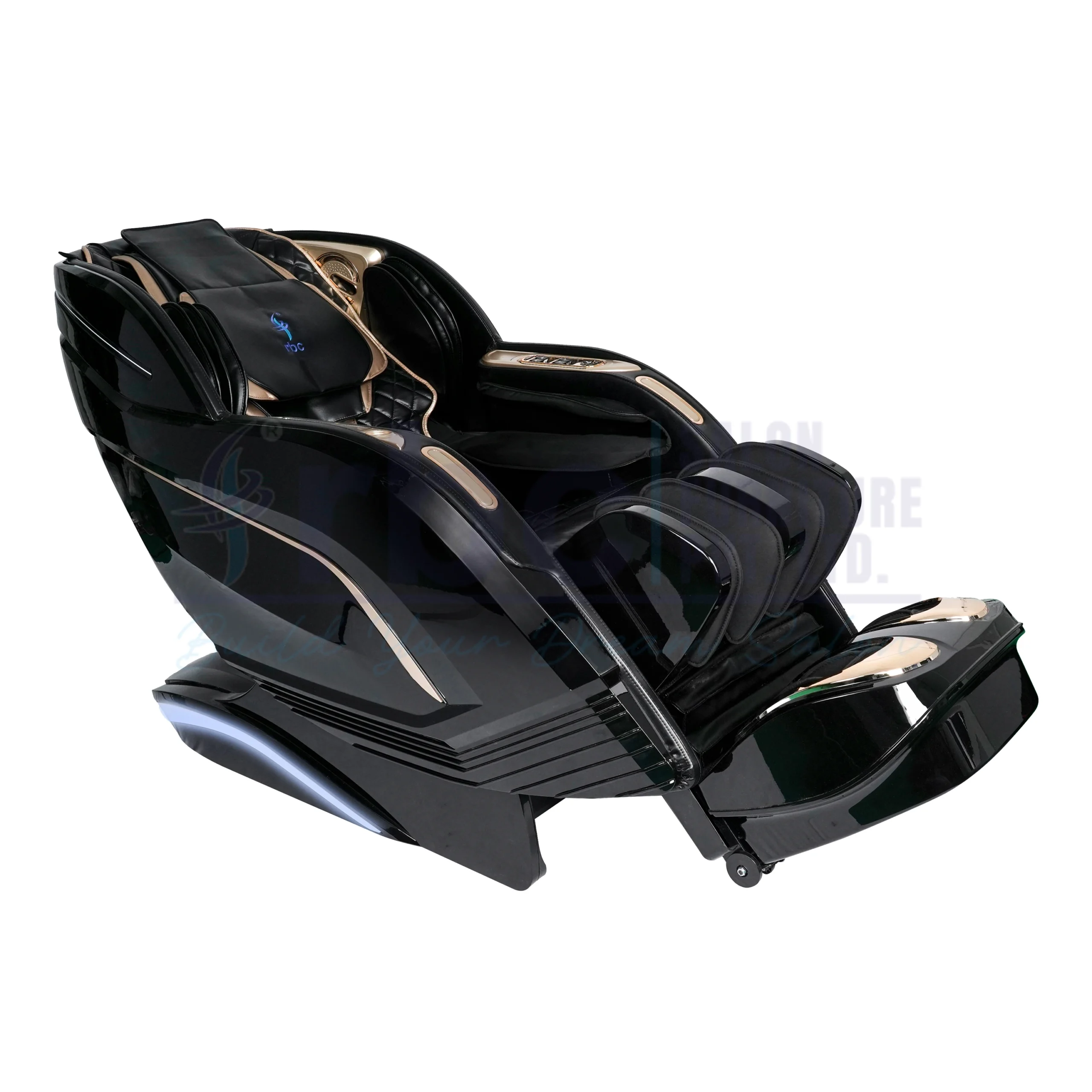 RBC 911 Glossy Black and Champagne Gold Luxury Full Body Reclining Massage Chair with Touch Screen Display and Built-in Speakers