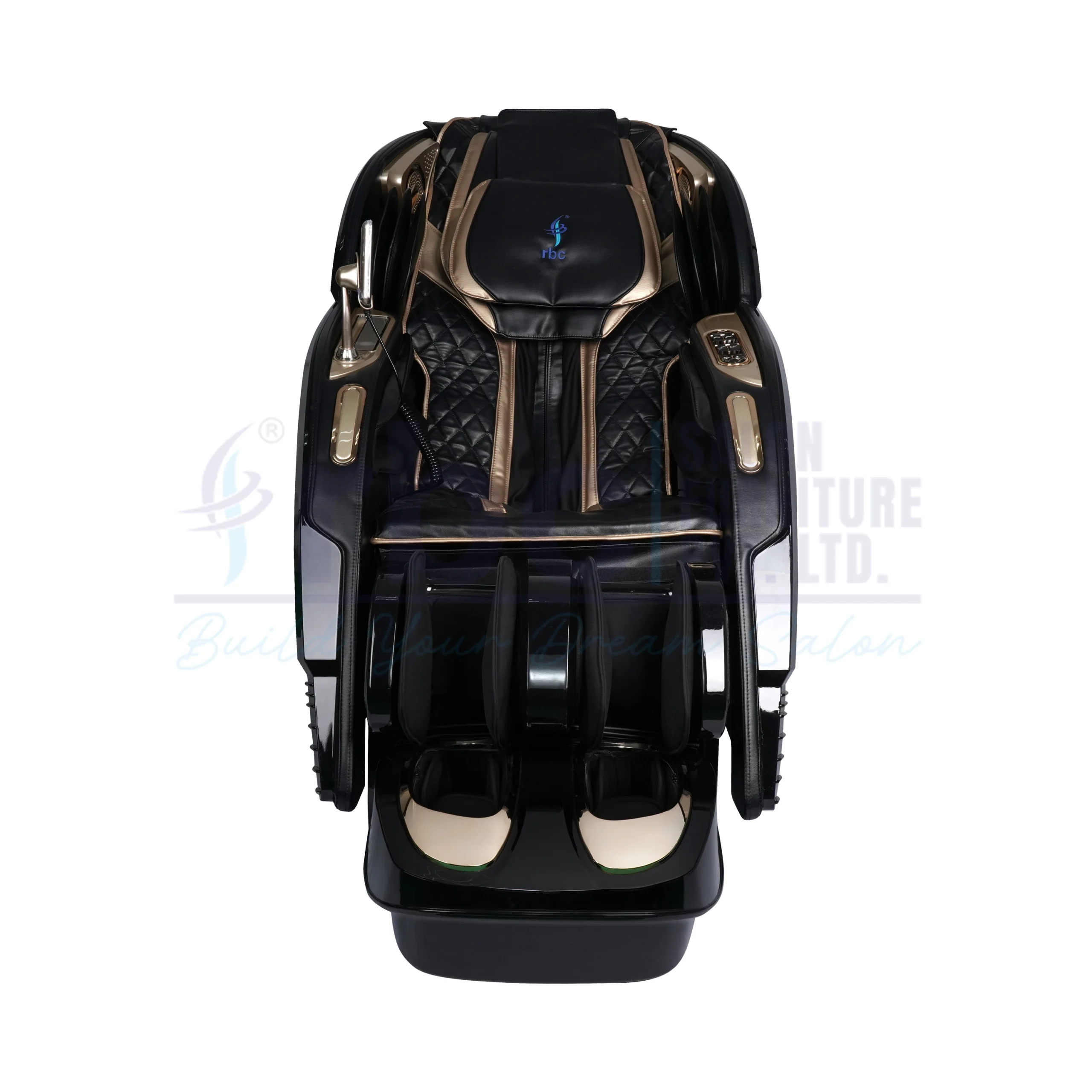 RBC 911 Glossy Black and Champagne Gold Luxury Full Body Reclining Massage Chair with Touch Screen Display and Built-in Speakers